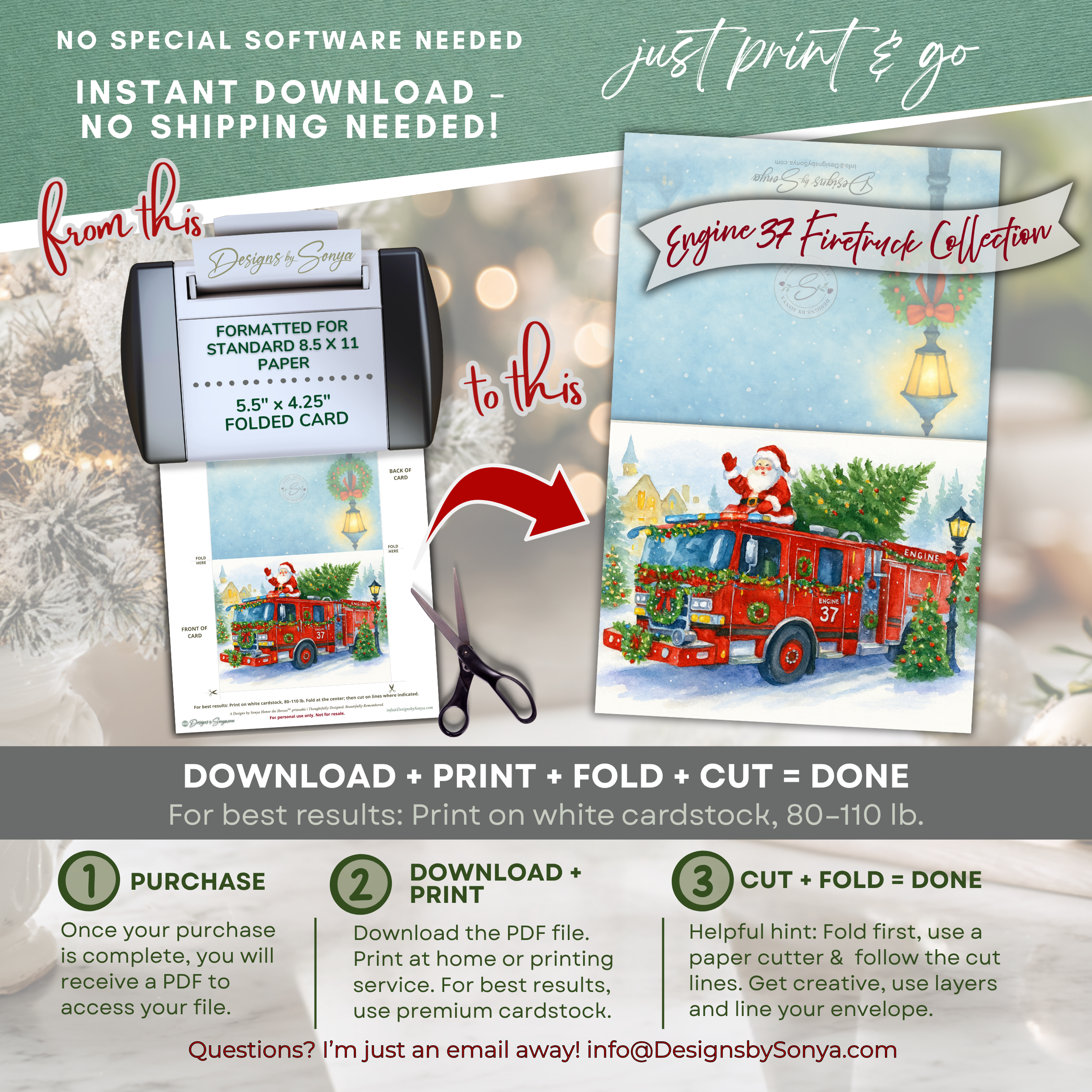 Engine 37 Firetruck Printable Christmas Note Cards | Set of 6 A2 - 5.5"x4.25"| Honor the Firefighter and First Responder Heroes