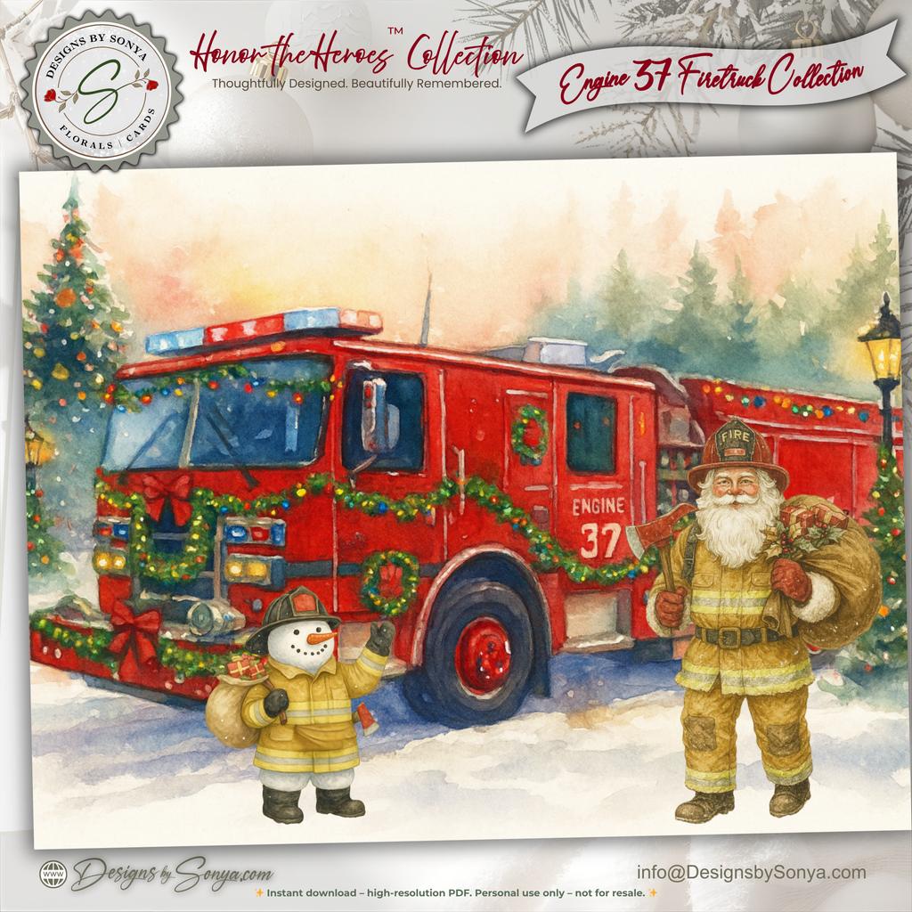 Engine 37 Firetruck Christmas Card Printable | A2 Holiday Card | Honor the Heroes Collection | Firefighter Santa Greeting Card | Envelope Liner