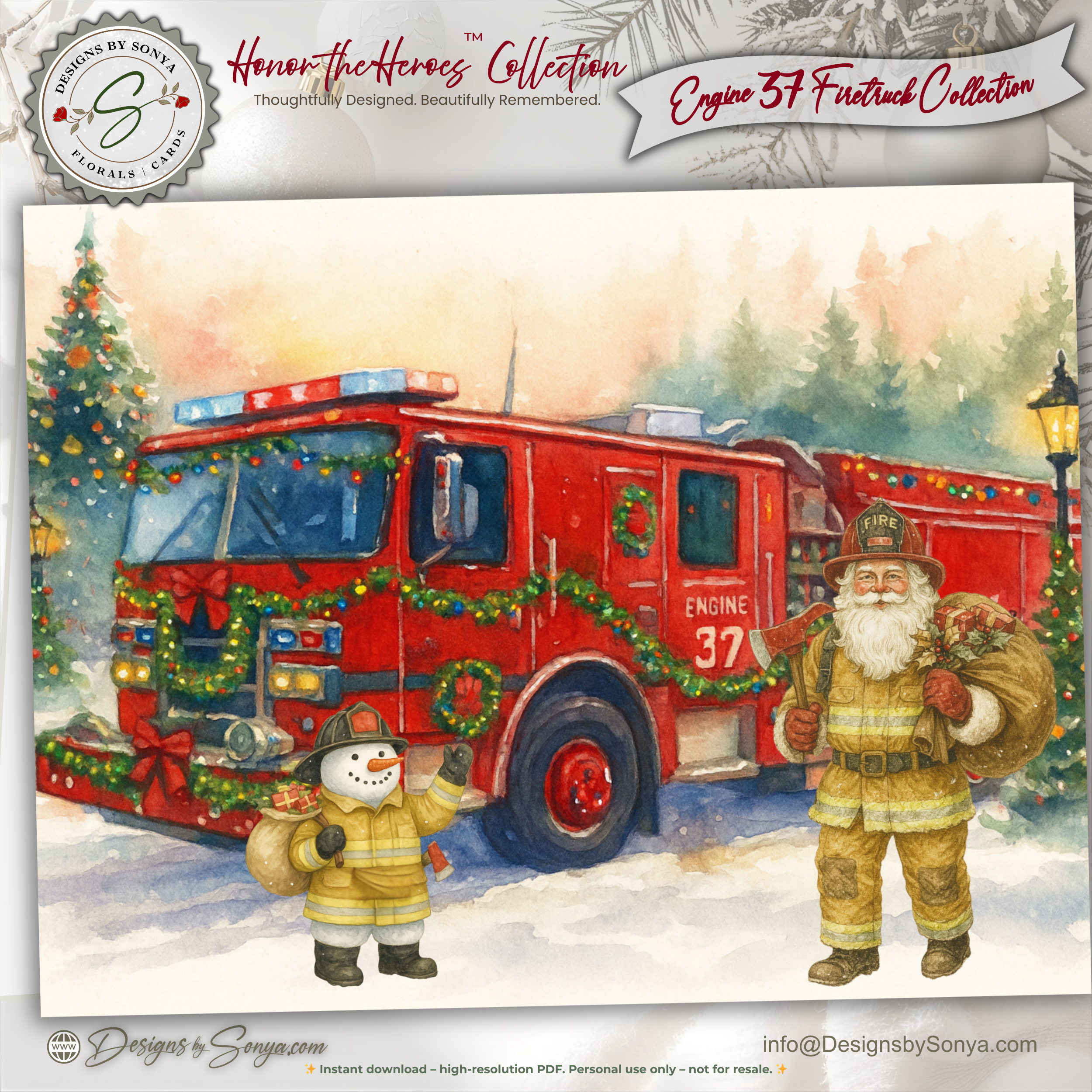 Engine 37 Firetruck Christmas Card Printable | A2 Holiday Card | Honor the Heroes Collection | Firefighter Santa Greeting Card | Envelope Liner