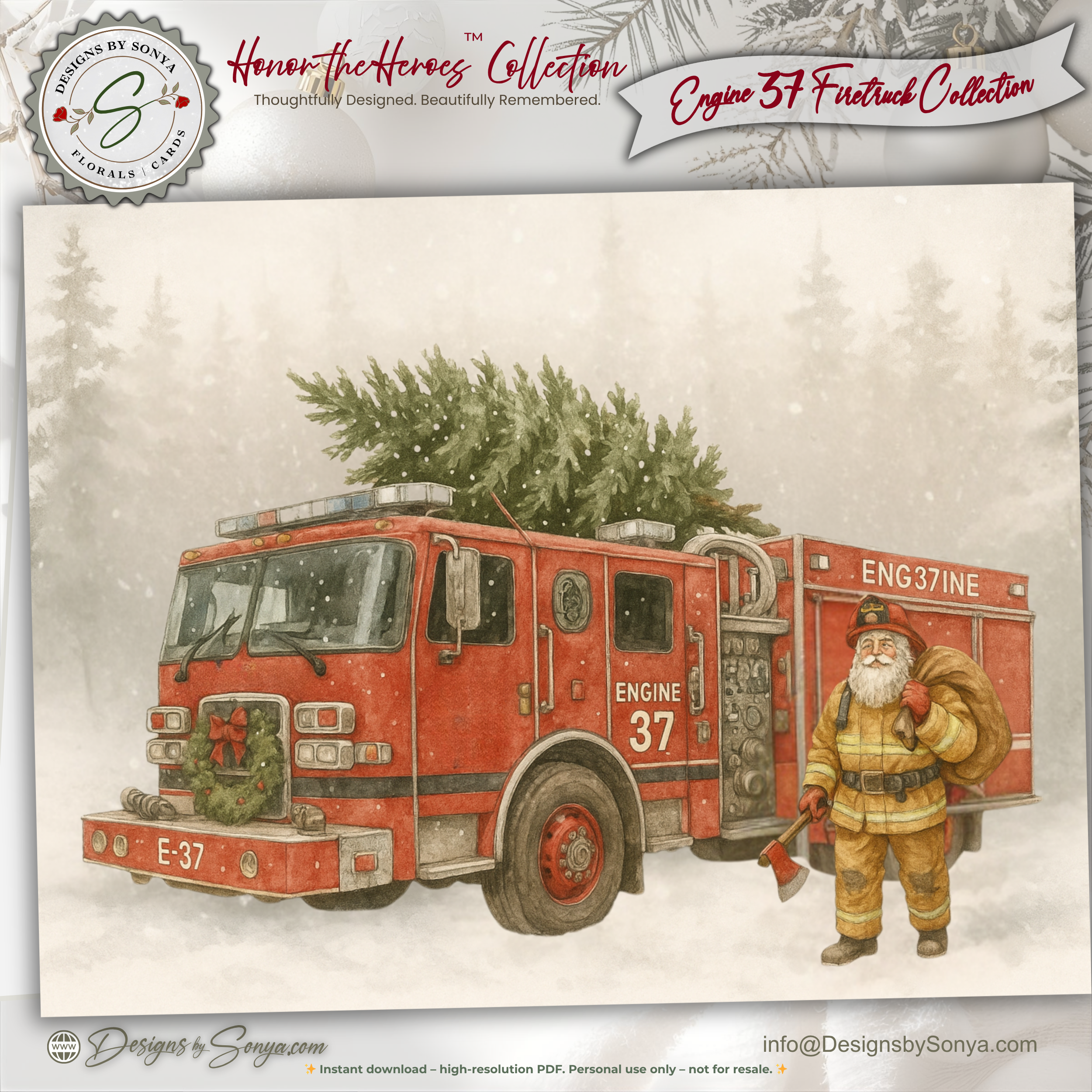 Engine 37 Firetruck Christmas Card · Santa Firefighter with Christmas Tree · Printable Holiday Card • A2 (5.5"x4.25") • Instant Download DIY