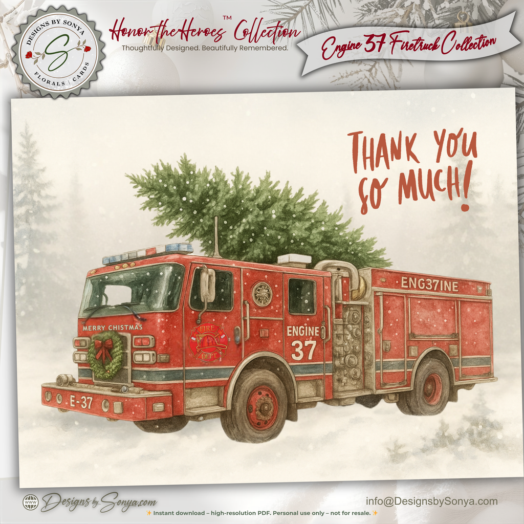 Engine 37 Printable Firetruck Christmas Card • Holiday Thank You Greeting • Festive Wreath Scene • First Responder Appreciation • A2 (5.5"x4.25") • Instant Download DIY