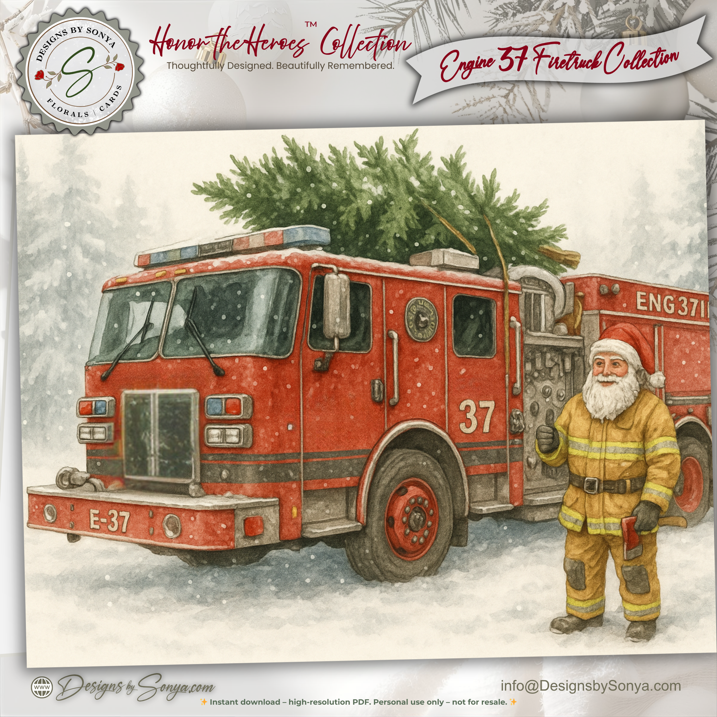 Printable Firetruck Christmas Card • Engine 37 Watercolor Holiday Card • Firefighter A2 (5.5"x4.25") Folded Greeting Card