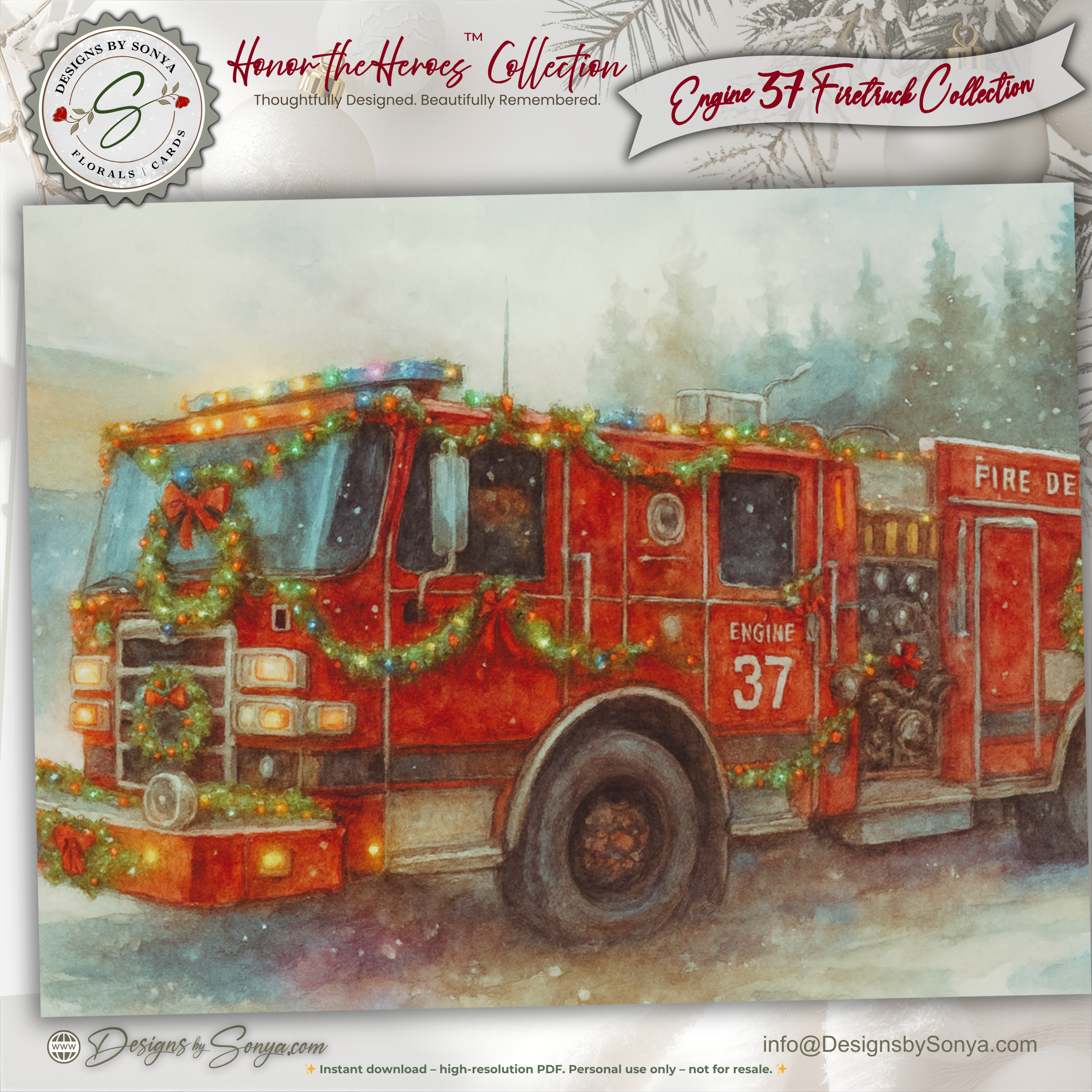 Engine 37 Snowy Firetruck Christmas Card Printable | A2 Holiday Card | Honor the Heroes Collection | Firefighter Greeting Card