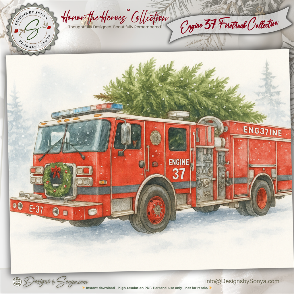 Engine 37 Firetruck Christmas Card Printable | Watercolor Holiday Tree Delivery | A2 (5.5"x4.25") Greeting Card | Firefighter Hero, First Responder Gift