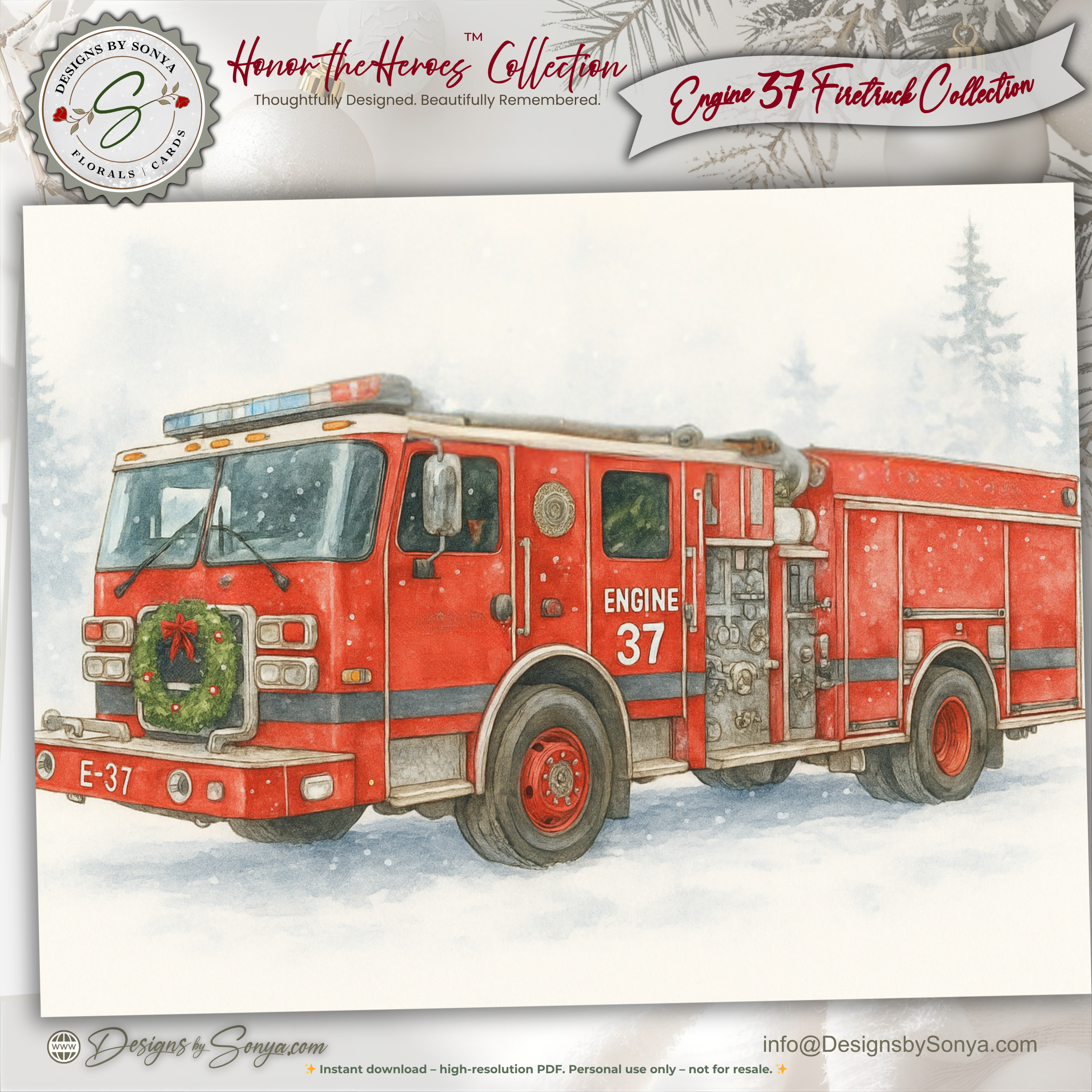 Printable Firetruck Christmas Card • Engine 37 Watercolor Holiday Card • Honor the Heroes • A2 (5.5"x4.25") Folded Greeting Card
