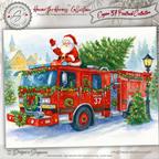 Engine 37 Printable Firetruck Christmas Card • Santa on Firetruck Holiday Greeting • Festive Wreath Scene • A2 (5.5"x4.25") • Instant Download DIY