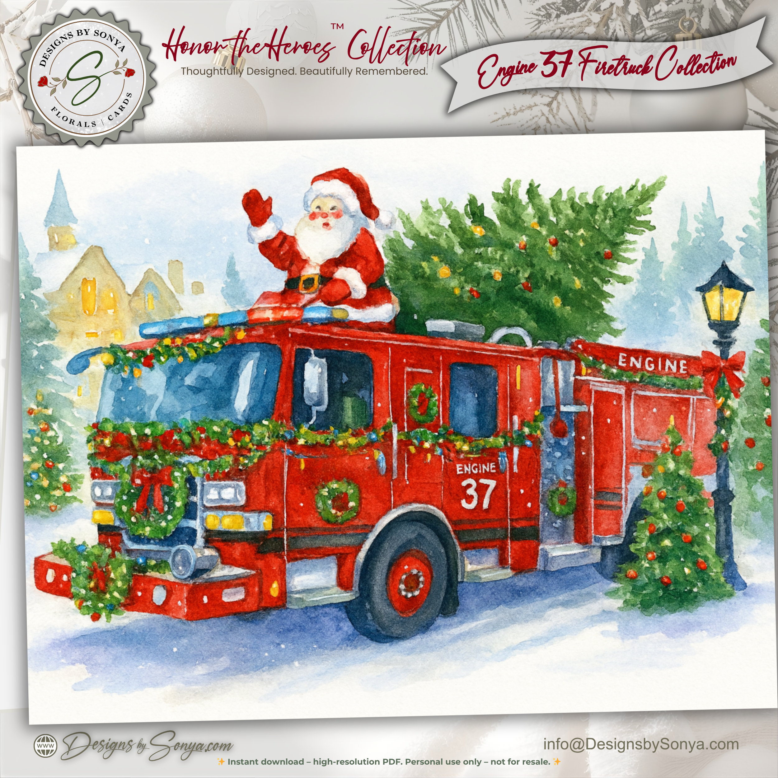 Engine 37 Printable Firetruck Christmas Card • Santa on Firetruck Holiday Greeting • Festive Wreath Scene • A2 (5.5"x4.25") • Instant Download DIY