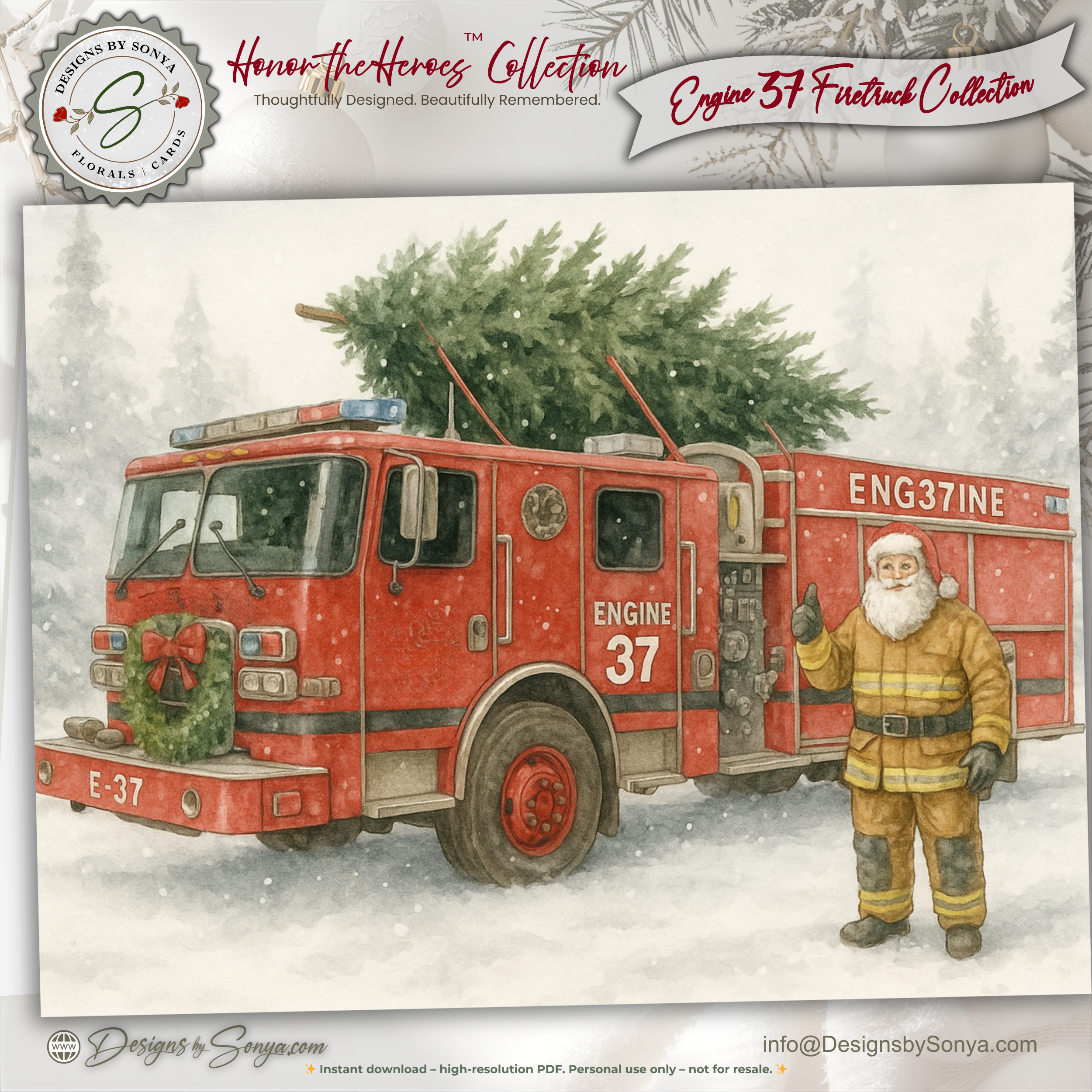 Engine 37 Firetruck Christmas Card Printable • Watercolor Firefighter Santa • Holiday Tree Delivery • Honor the Heroes Collection| A2 (5.5"x4.25") Greeting Card