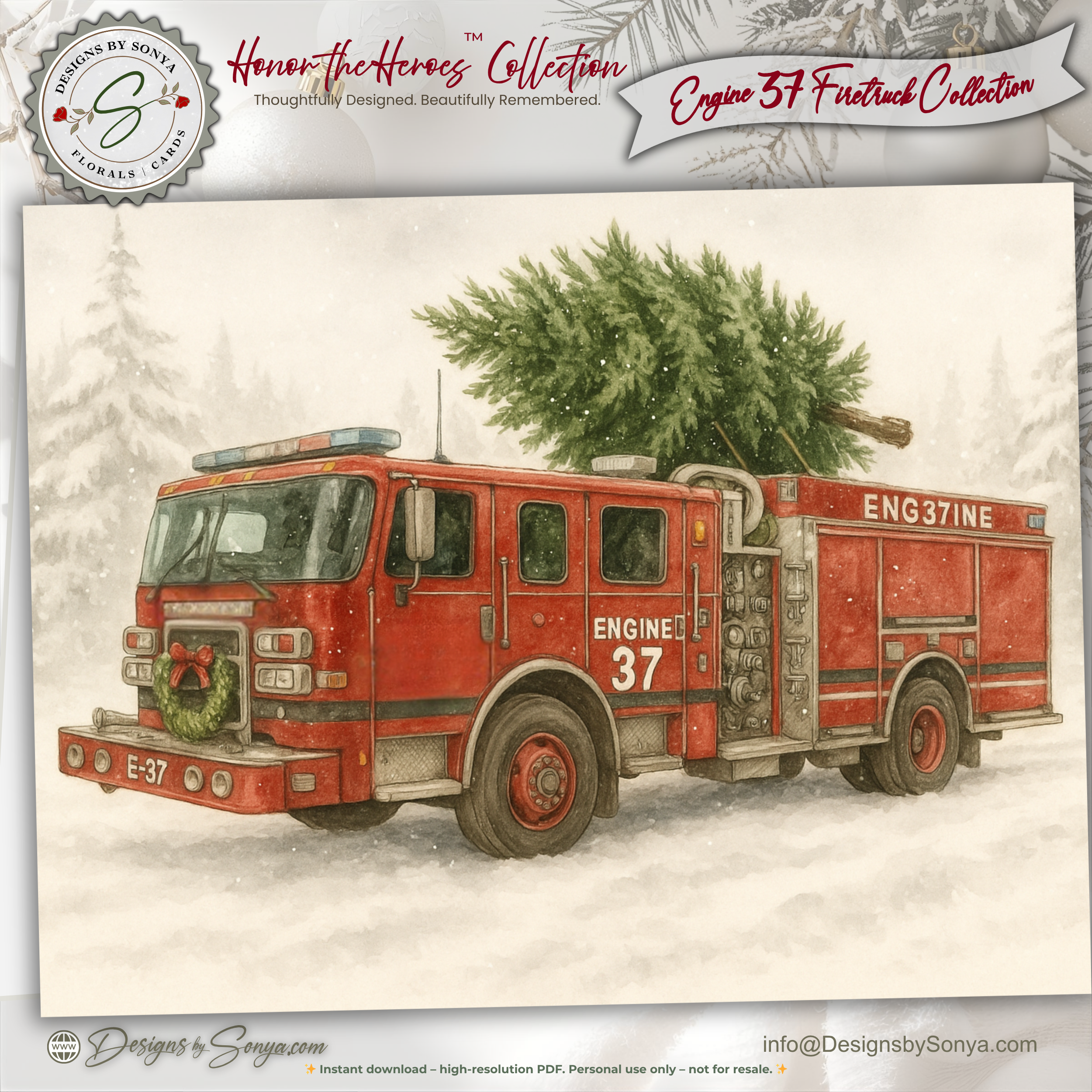 Printable Firetruck Christmas Card with Engine 37 Tree Delivery, Honor the Heroes Holiday Collection • Firefighter A2 (5.5"x4.25") Folded Greeting Card