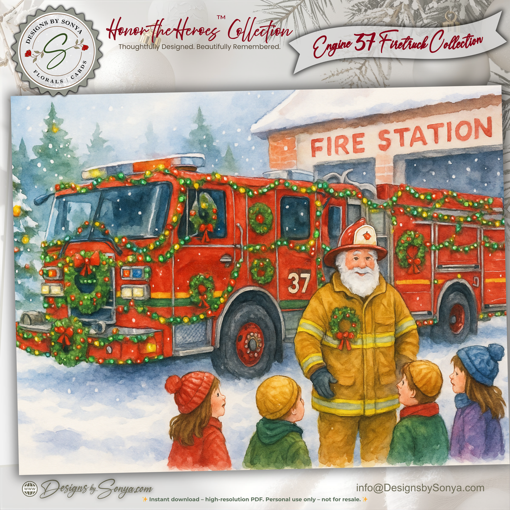 Engine 37 Firetruck Christmas Card Printable | A2 Holiday Card | Honor the Heroes Collection | Fire Station Santa Greeting Card | Envelope Liner