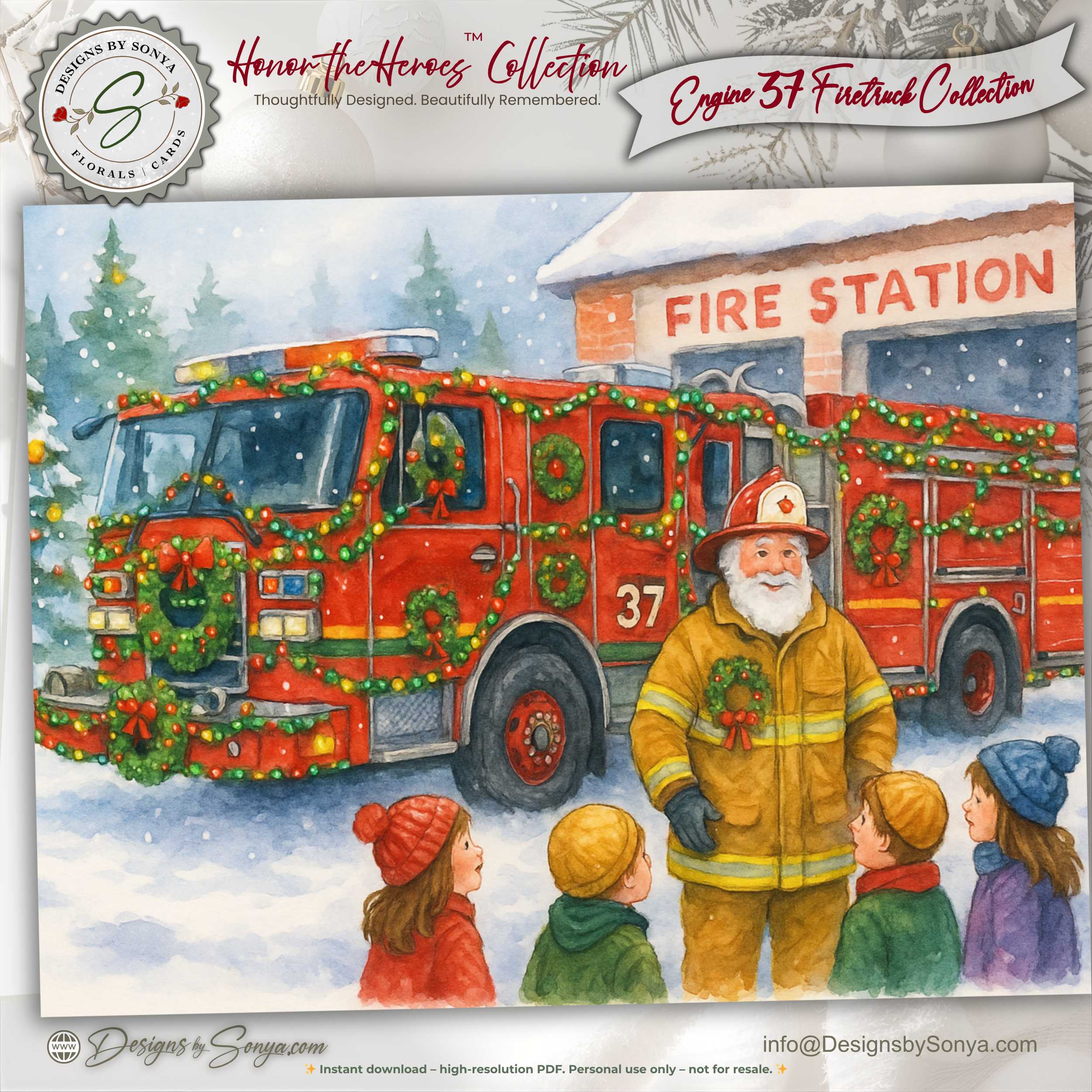Engine 37 Firetruck Christmas Card Printable | A2 Holiday Card | Honor the Heroes Collection | Fire Station Santa Greeting Card | Envelope Liner