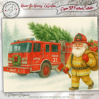 Engine 37 Printable Firetruck Christmas Card • Firefighter Santa with Axe Holiday Greeting • Festive Tree Scene • A2 (5.5"x4.25") • Instant Download DIY