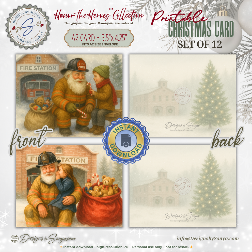 Printable Firefighter Santa Christmas Card Set of 12, A2 Cards (5.5”x4.25”), First Responder Holiday Greetings, Fire Station Watercolor Art