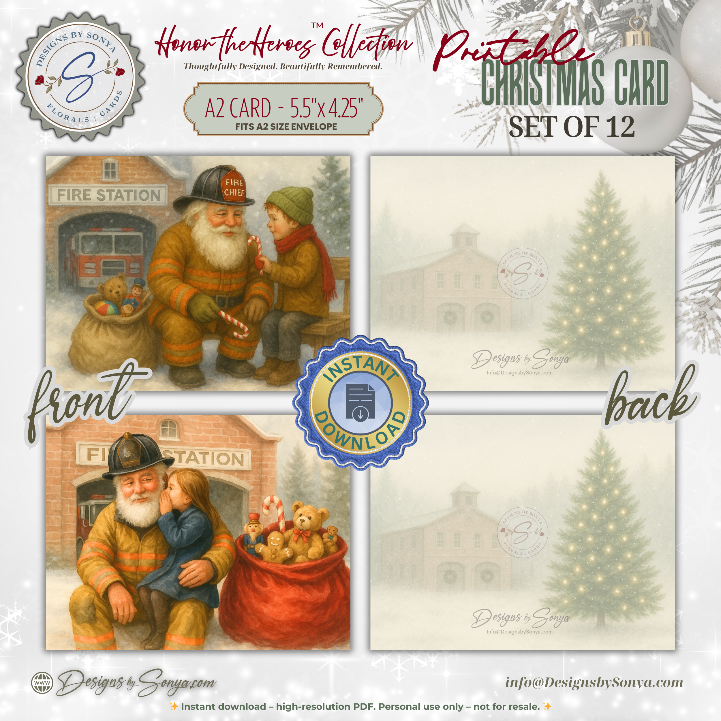 Printable Firefighter Santa Christmas Card Set of 12, A2 Cards (5.5”x4.25”), First Responder Holiday Greetings, Fire Station Watercolor Art
