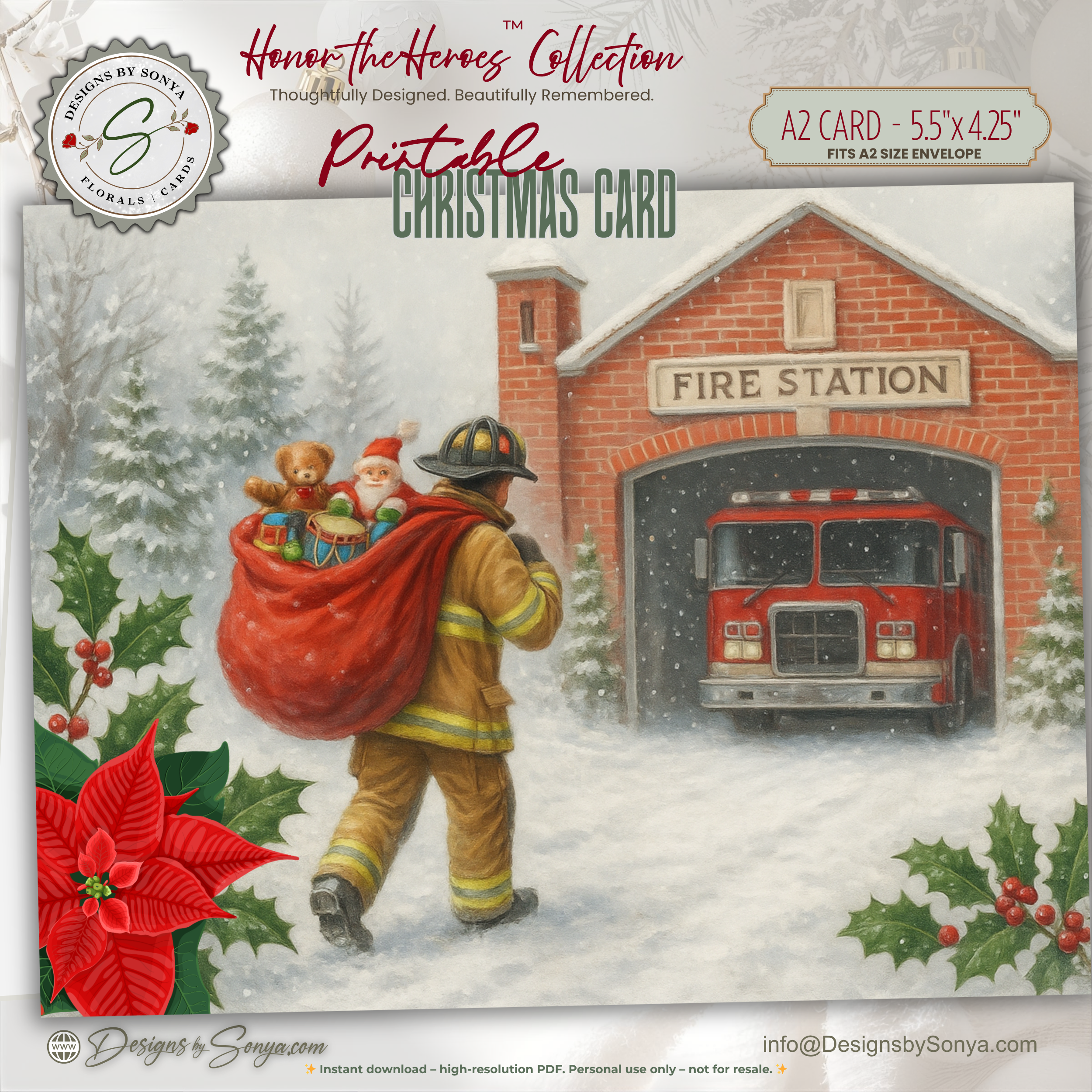 Printable Firefighter Santa Christmas Card • Honor the Heroes Collection • A2 (5.5"x4.25") Folded Card • Holiday Fire Station Art Download