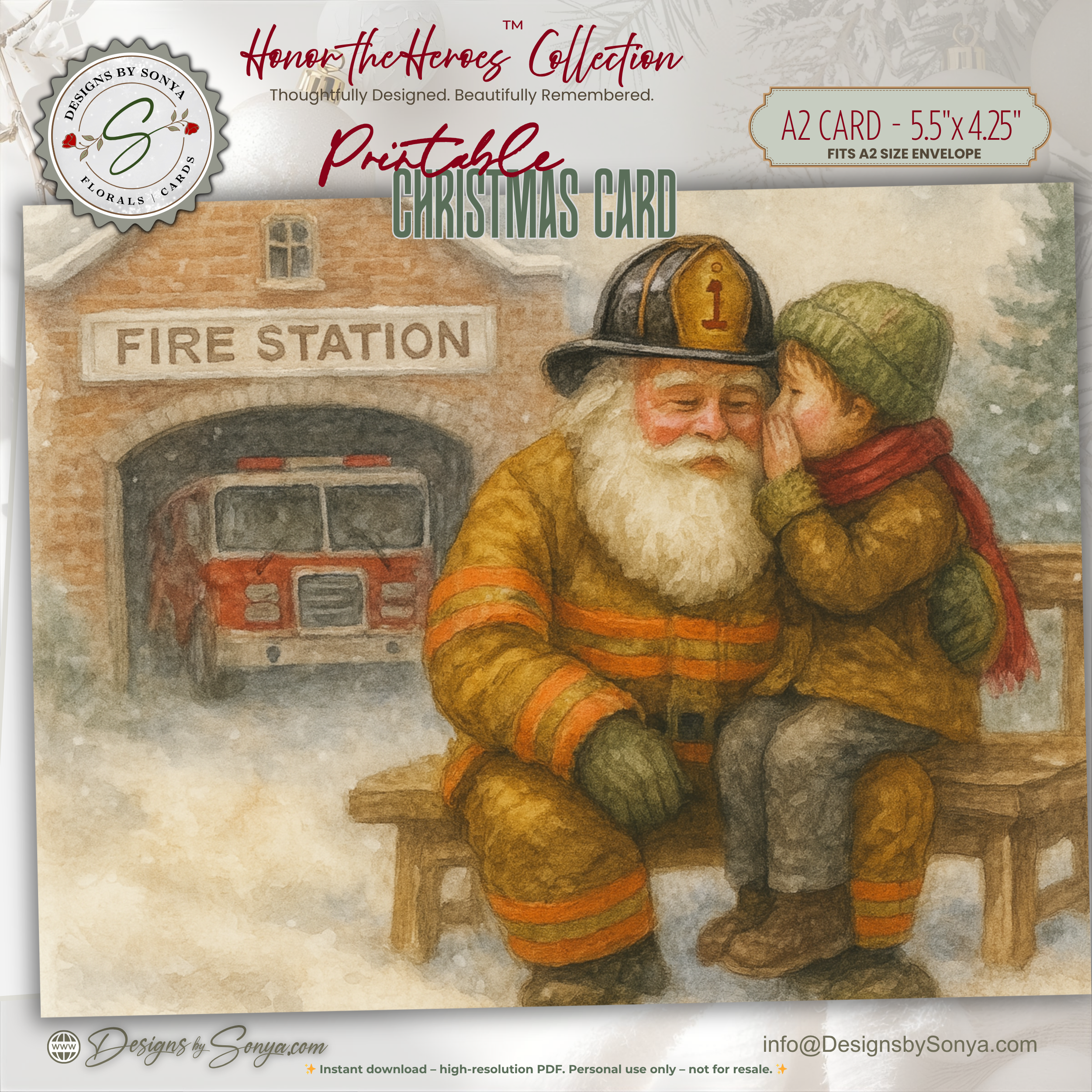 Fireman Santa Printable Christmas Card • A2 (5.5”x4.25”) • Child Whispering at Fire Station, Watercolor First Responder Holiday Art