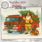 Printable Fireman Santa Christmas Card, Firefighter Holiday Greeting, A2 (5.5”x4.25”), First Responder Gift, Watercolor Fire Truck Scene