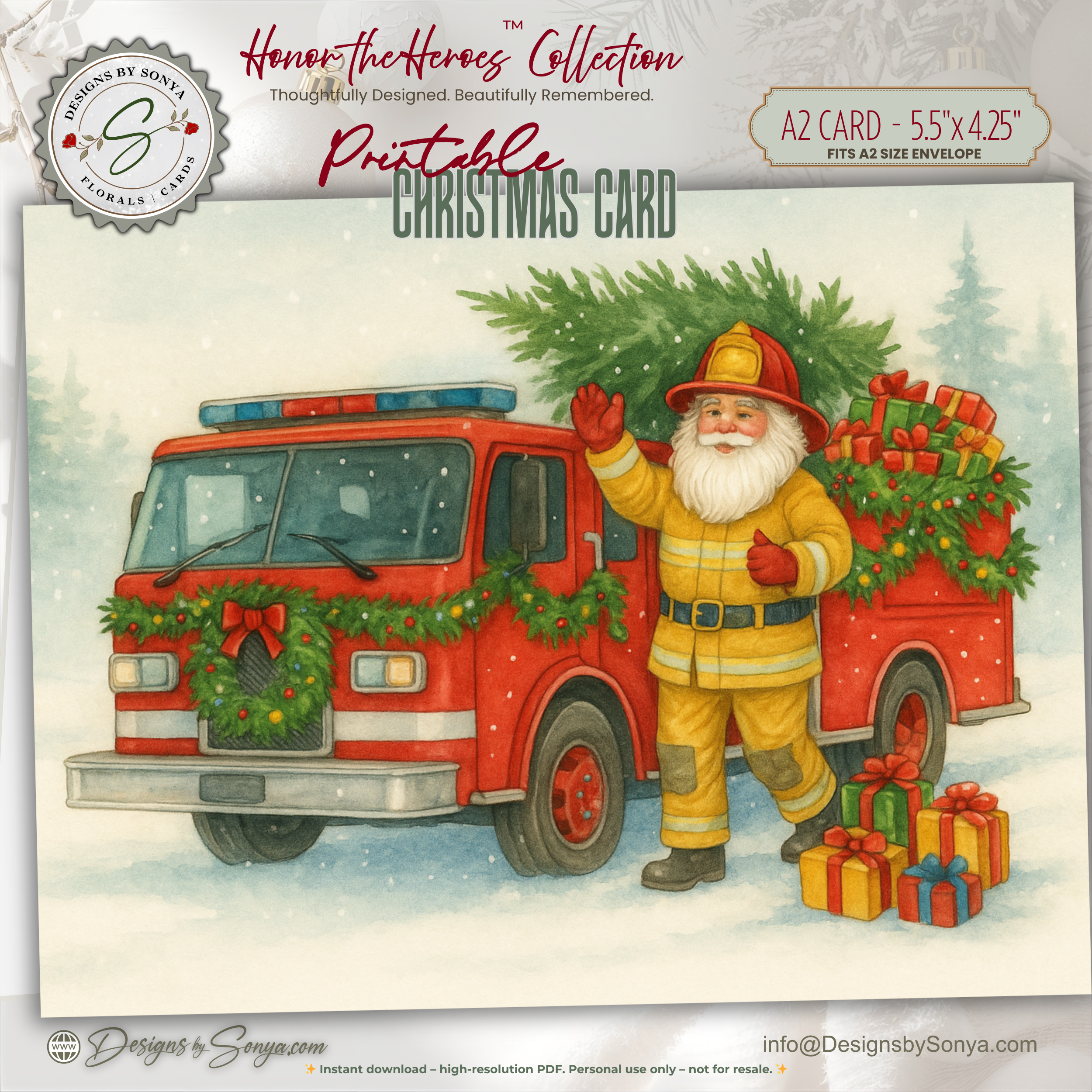 Printable Fireman Santa Christmas Card, Firefighter Holiday Greeting, A2 (5.5”x4.25”), First Responder Gift, Watercolor Fire Truck Scene