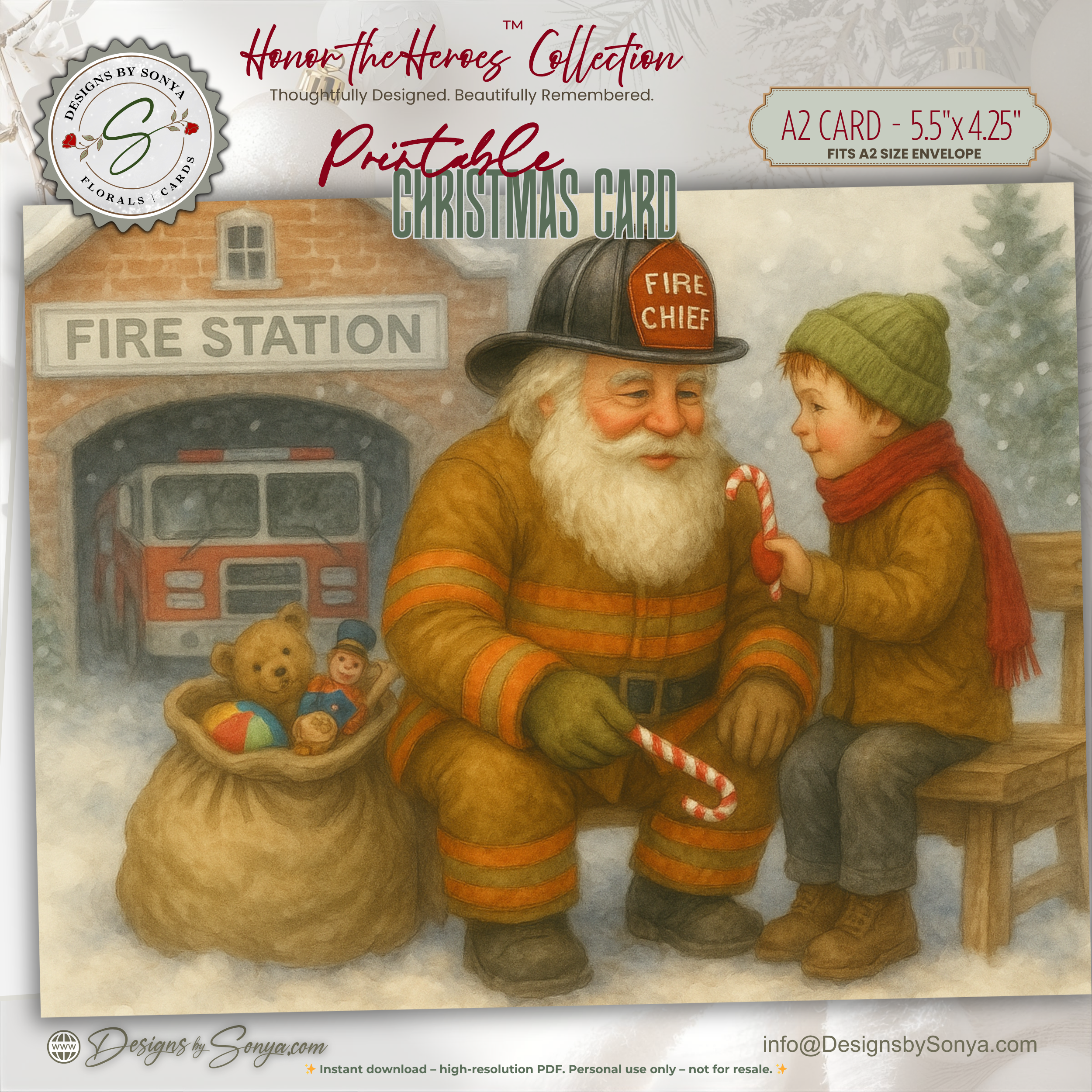 Fireman Santa Printable Christmas Card • A2 (5.5”x4.25”) • Fire Station Scene with Child & Candy Cane, Watercolor Holiday Art