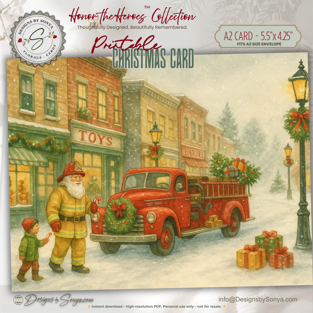 Printable Fireman Santa Christmas Card, Firefighter Holiday Greeting, A2 (5.5”x4.25”), First Responder Gift, Vintage Downtown Toy Shop Scene