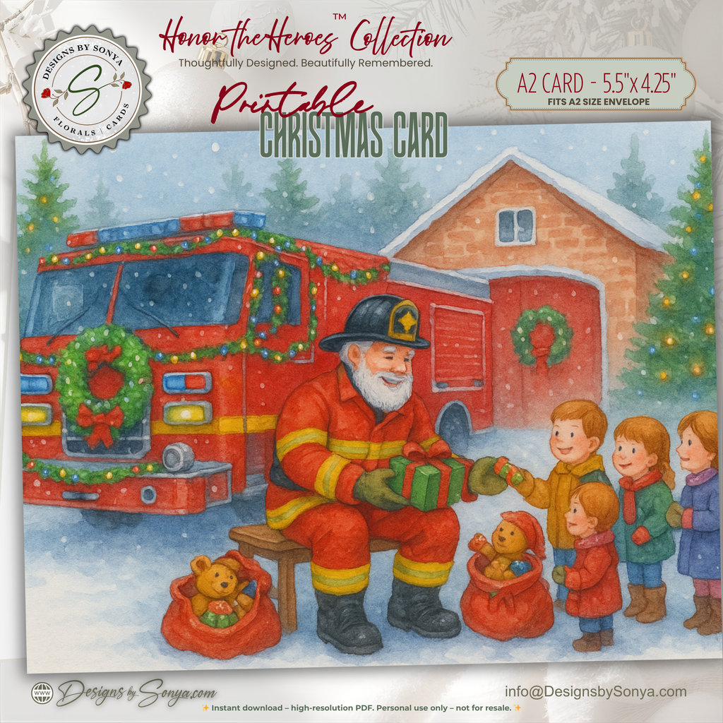 Fireman Santa Printable Christmas Card • A2 (5.5”x4.25”) • Watercolor Firetruck Scene with Kids, Gifts & Holiday Cheer