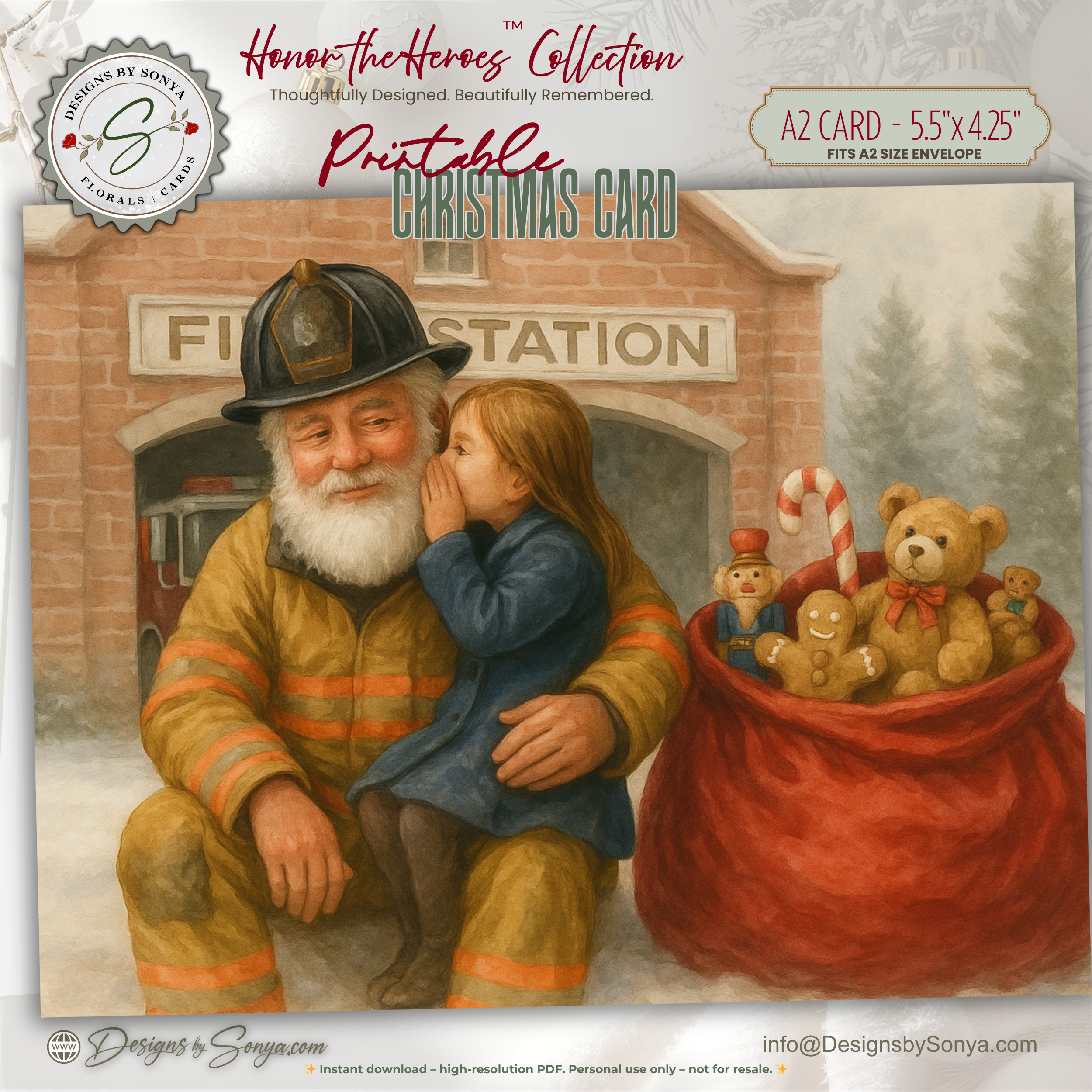 Fireman Santa Printable Christmas Card • A2 (5.5”x4.25”) • Whispering Child, Fire Station Scene, Watercolor First Responder Holiday Art