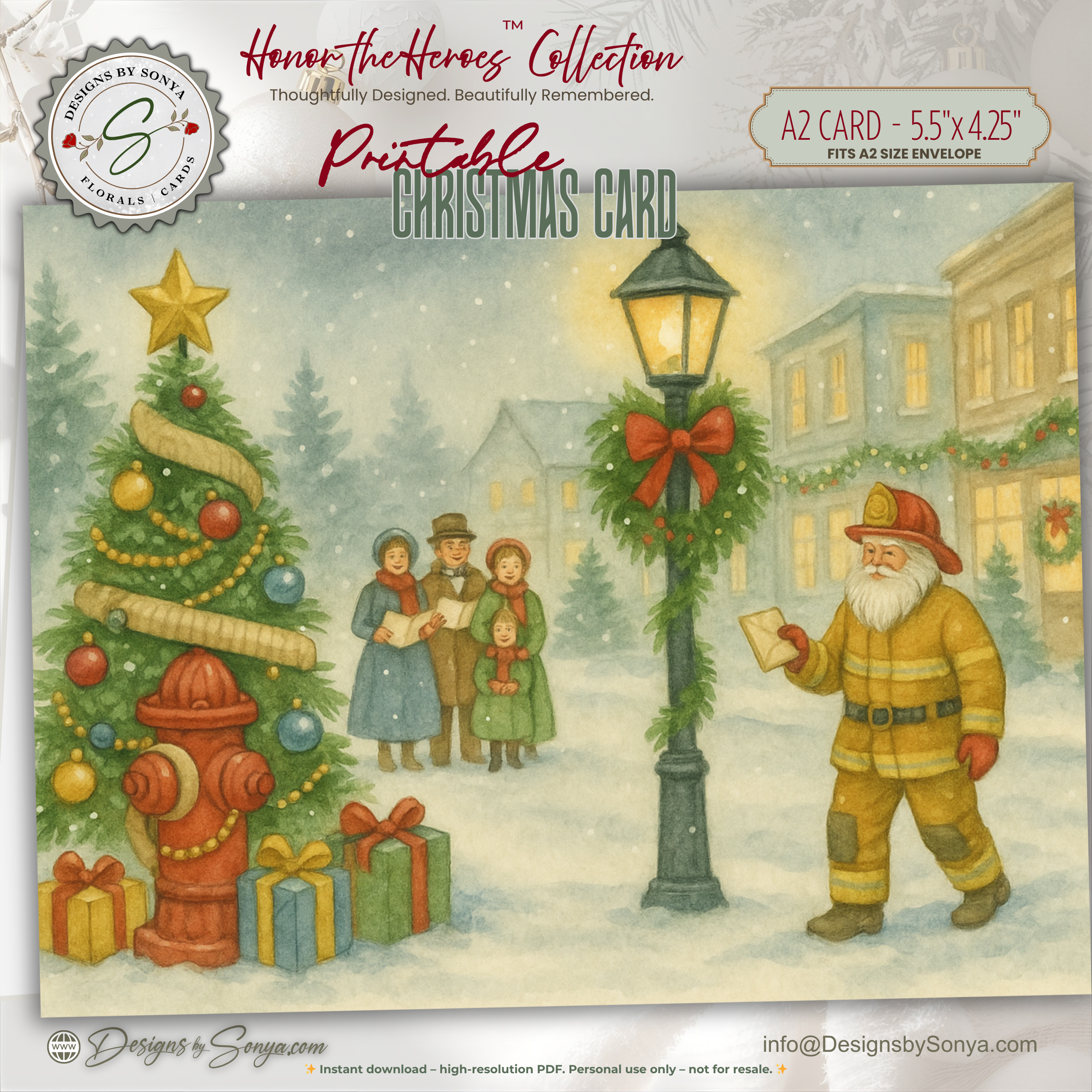 Printable Fireman Santa Christmas Card, Firefighter Holiday Greeting, A2 (5.5”x4.25”), First Responder Gift, Carolers & Decorated Tree Scene