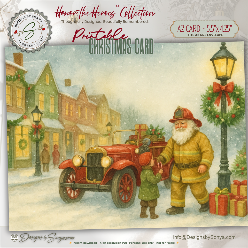 Printable Firefighter Christmas Card | Fireman Santa & Child | Vintage Firetruck Holiday Greeting Card | First Responder Christmas Printable