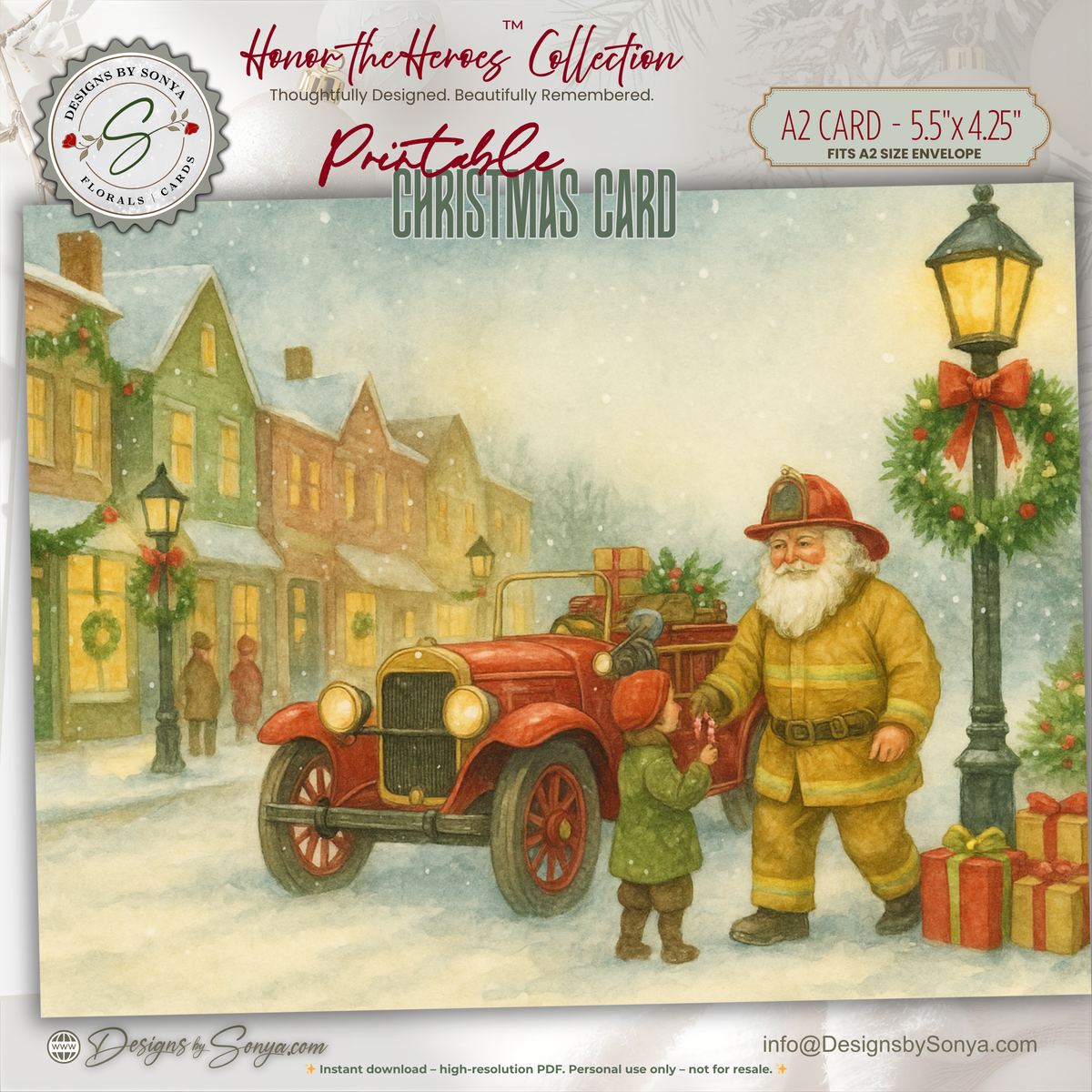 Printable Fireman Santa Christmas Card, Firefighter Holiday Greeting, A2 (5.5”x4.25”), First Responder Gift, Vintage Christmas Street Scene