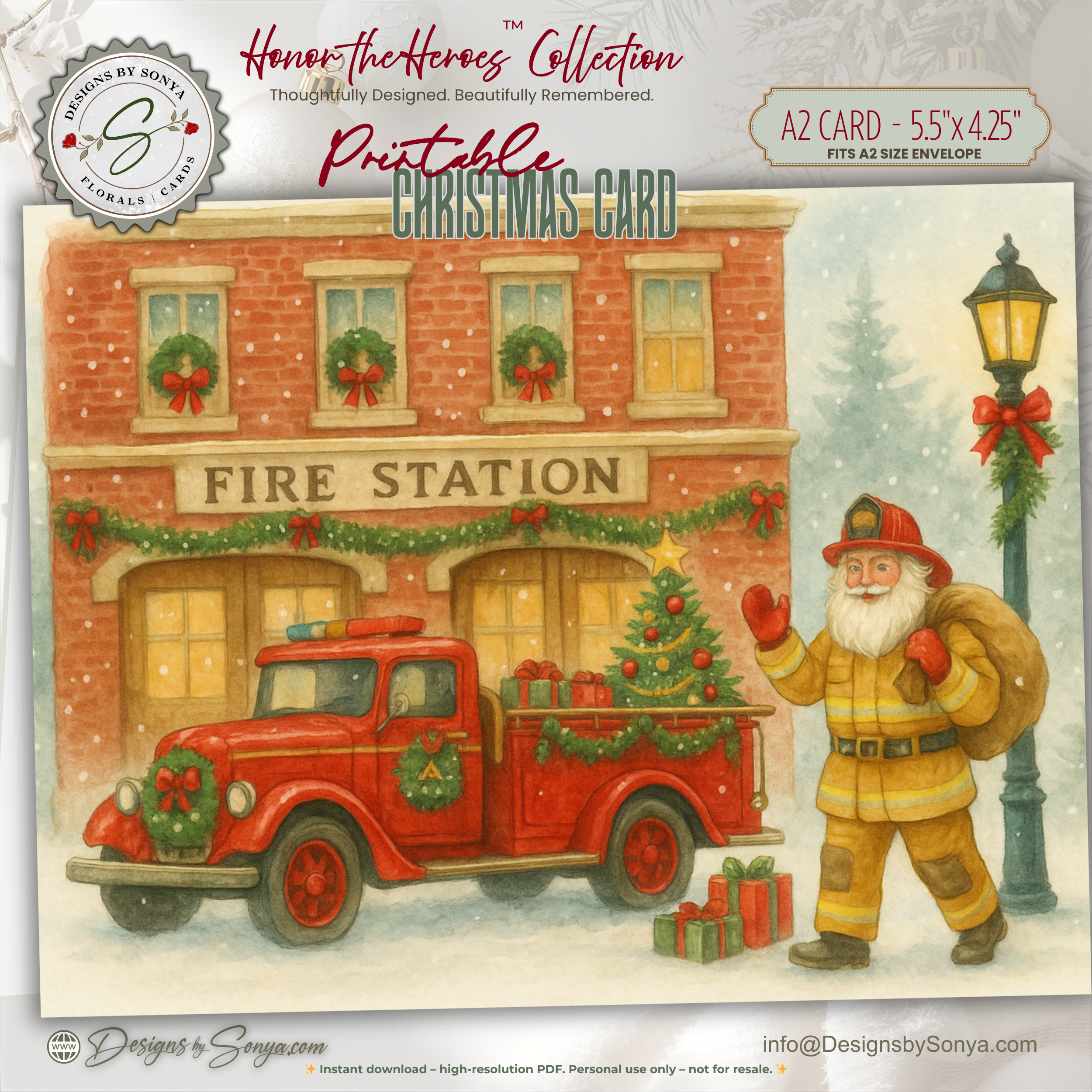 Printable Fireman Santa Christmas Card, Firefighter Holiday Greeting, A2 (5.5”x4.25”), First Responder Gift, Vintage Fire Station Scene