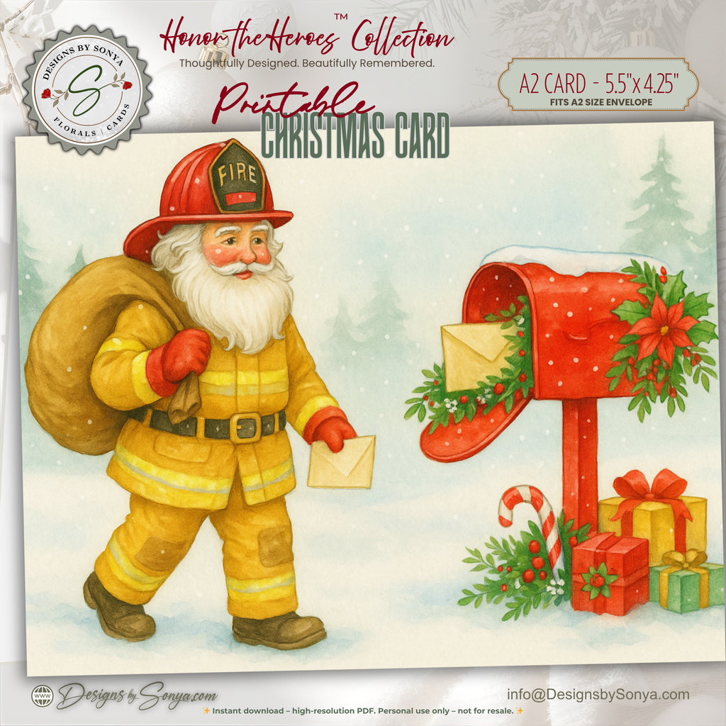 Printable Firefighter Santa Christmas Card, A2 (5.5”x4.25”), Fireman Holiday Greeting, First Responder Gift, Watercolor Art, Mailbox Scene