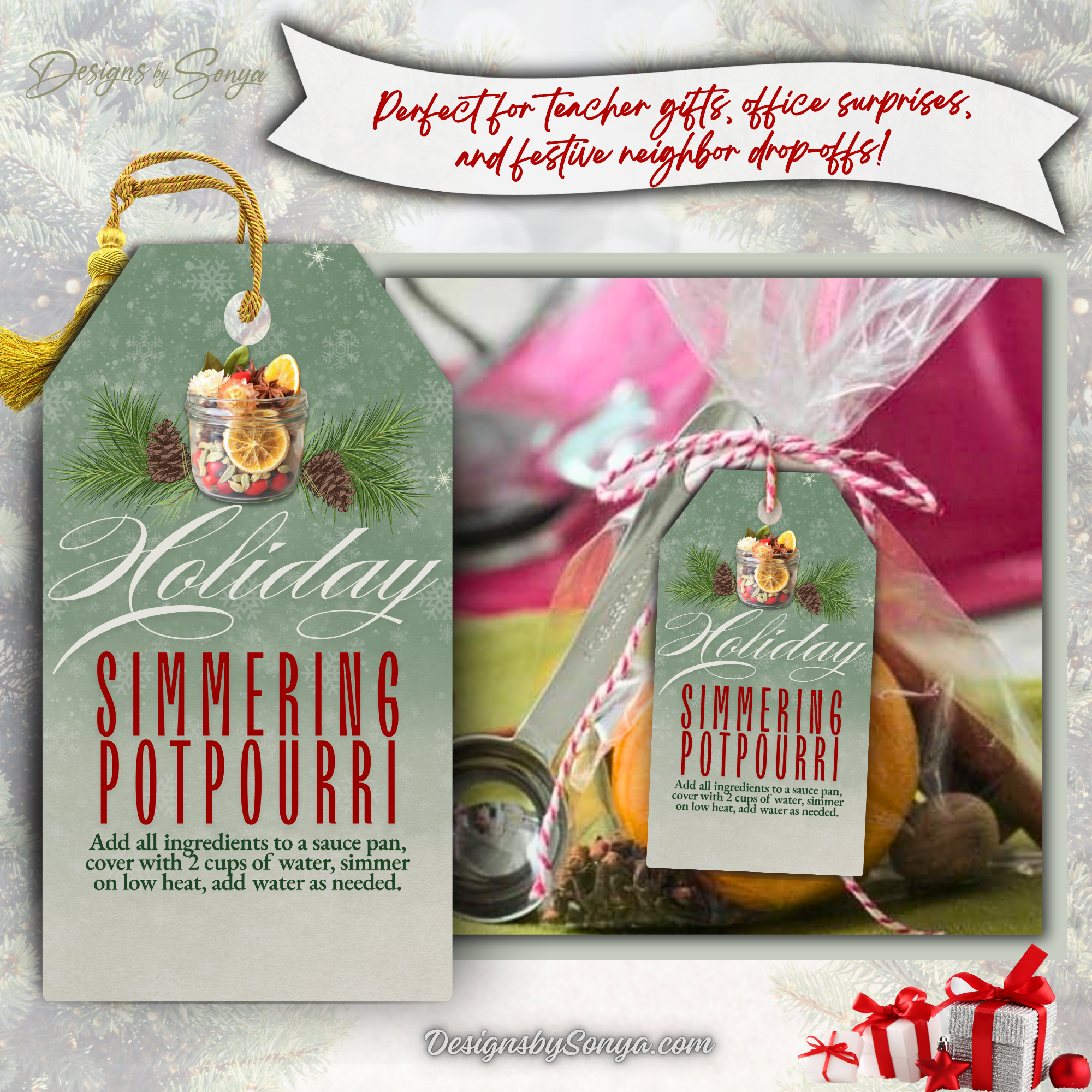 Green Holiday Potpourri Tag with Gift Bag
Green simmering potpourri gift tag shown on a festive treat bag with citrus and cinnamon sticks. Great for teacher appreciation, corporate holiday gifts, and handmade Christmas keepsakes.