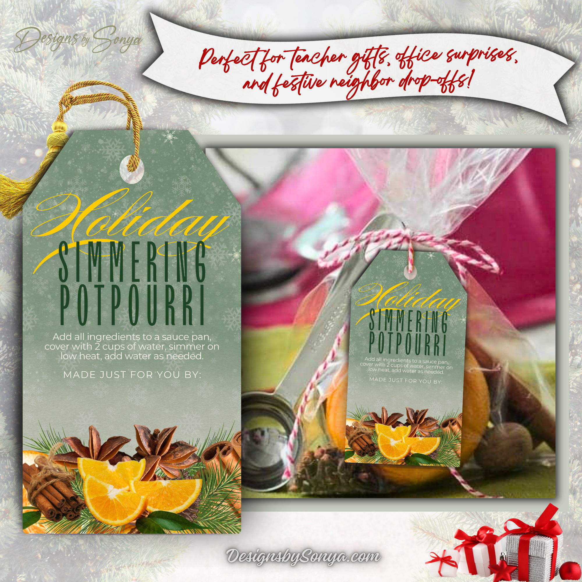 Green Holiday Potpourri Tag with Gift Bag
Green simmering potpourri tag tied to a festive treat bag with citrus and cinnamon sticks. Perfect for teacher gifts, corporate holiday giving, and neighbor surprises.