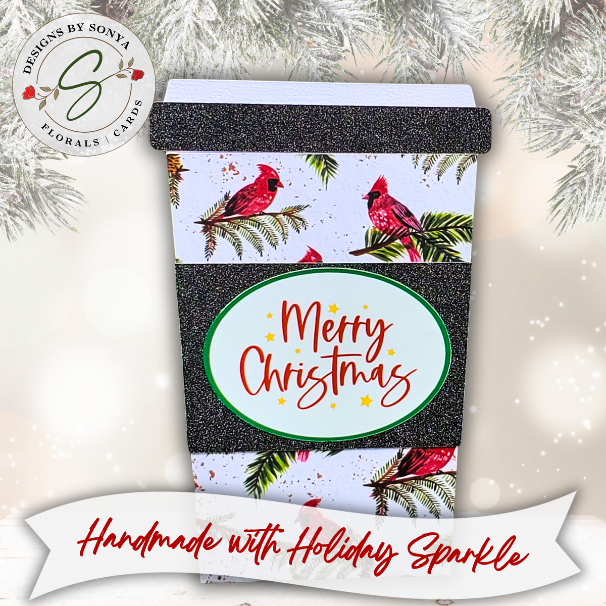 Handmade Christmas Gift Card Holder | Coffee Cup Gift Card Holder for Teachers, Coworkers & Coffee Lovers | Red Cardinal Merry Christmas Design