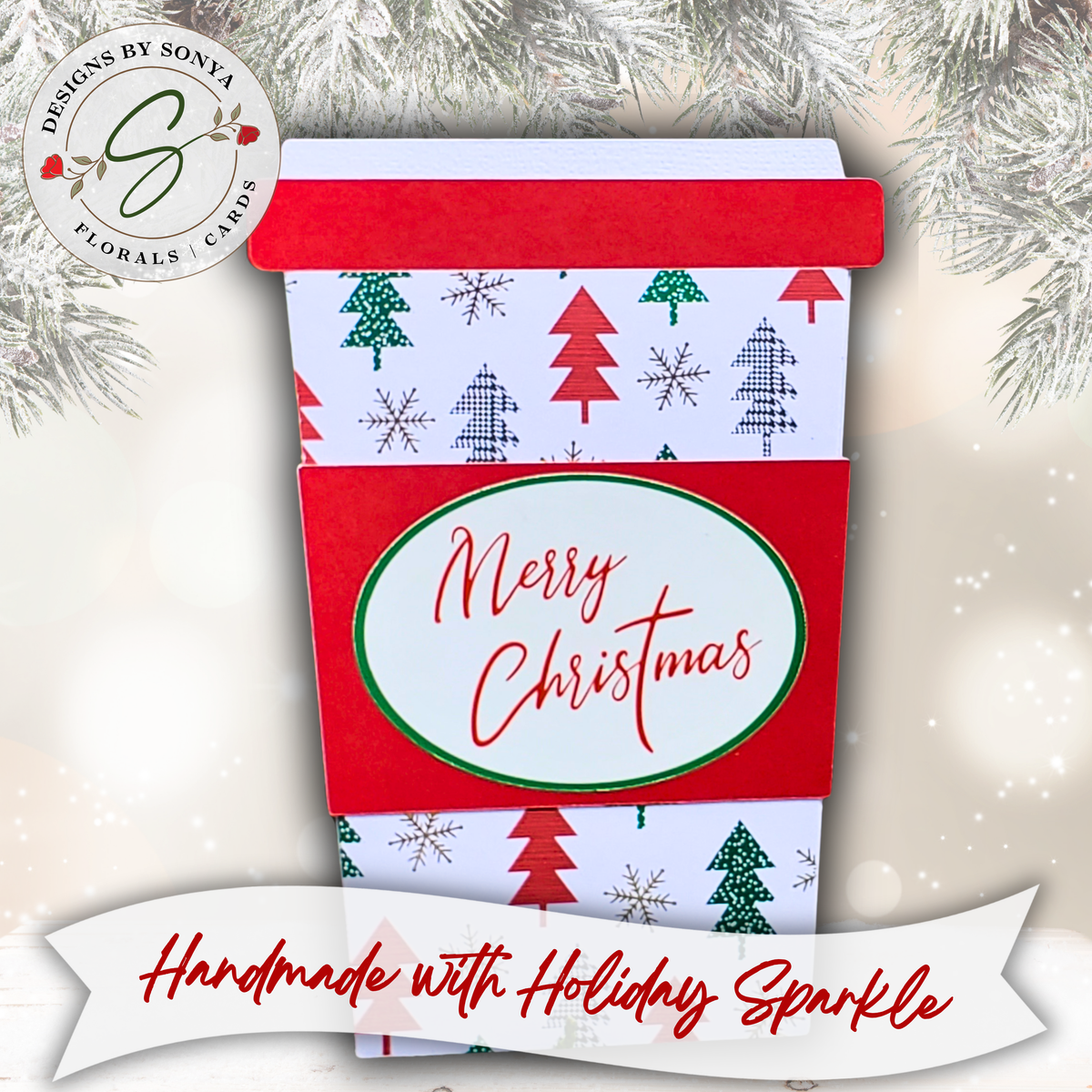 Handmade Christmas Gift Card Holder | Coffee Cup Gift Card Holder for Teachers, Coworkers & Coffee Lovers | Red & Green Christmas Trees