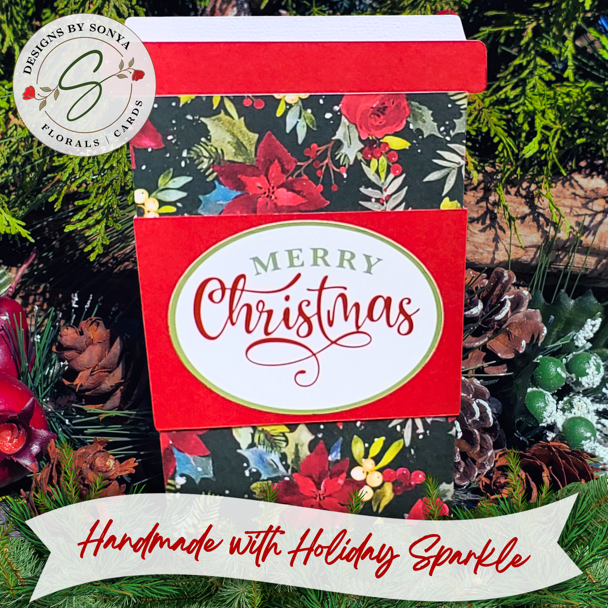 Handmade Christmas Gift Card Holder | Coffee Cup Gift Card Holder for Teachers, Coworkers & Coffee Lovers | Red Poinsettia Holiday Floral Design