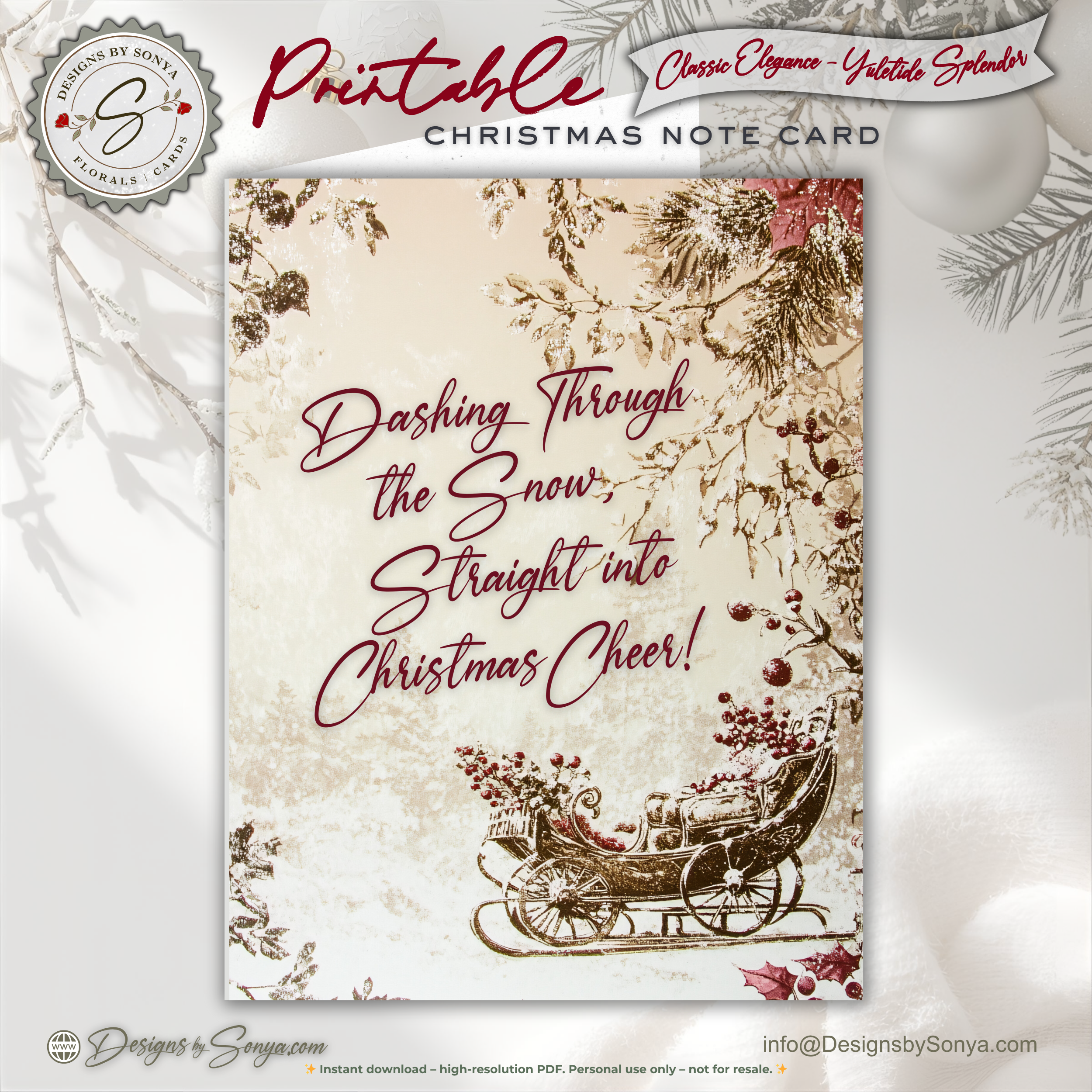 Vintage Sleigh Christmas Note Card, Printable Holiday Greeting Card, Dashing Through the Snow, A2  (4.25x5.5"), Elegant Christmas Stationery