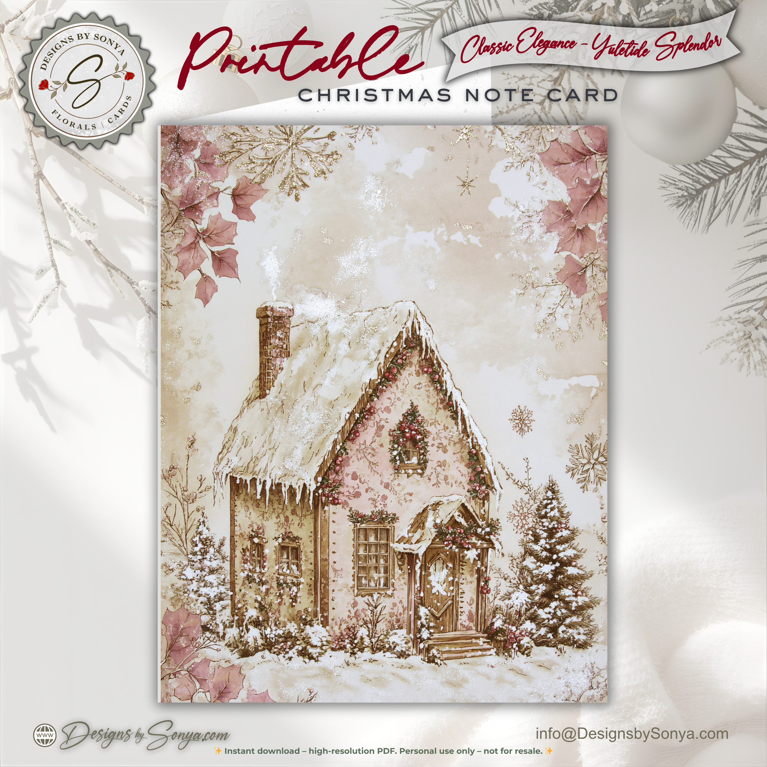 Gingerbread Cottage Christmas Printable Card • A2 (4.25" x 5.5") Folded Holiday Greeting Note Card • Vintage Storybook Design • Christmas Stationery
