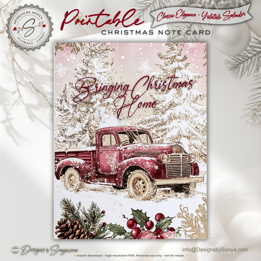 Bringing Christmas Home Printable Card • A2 (4.25" x 5.5") Folded Holiday Greeting Note Card • Vintage Red Truck Design • Christmas Stationery
