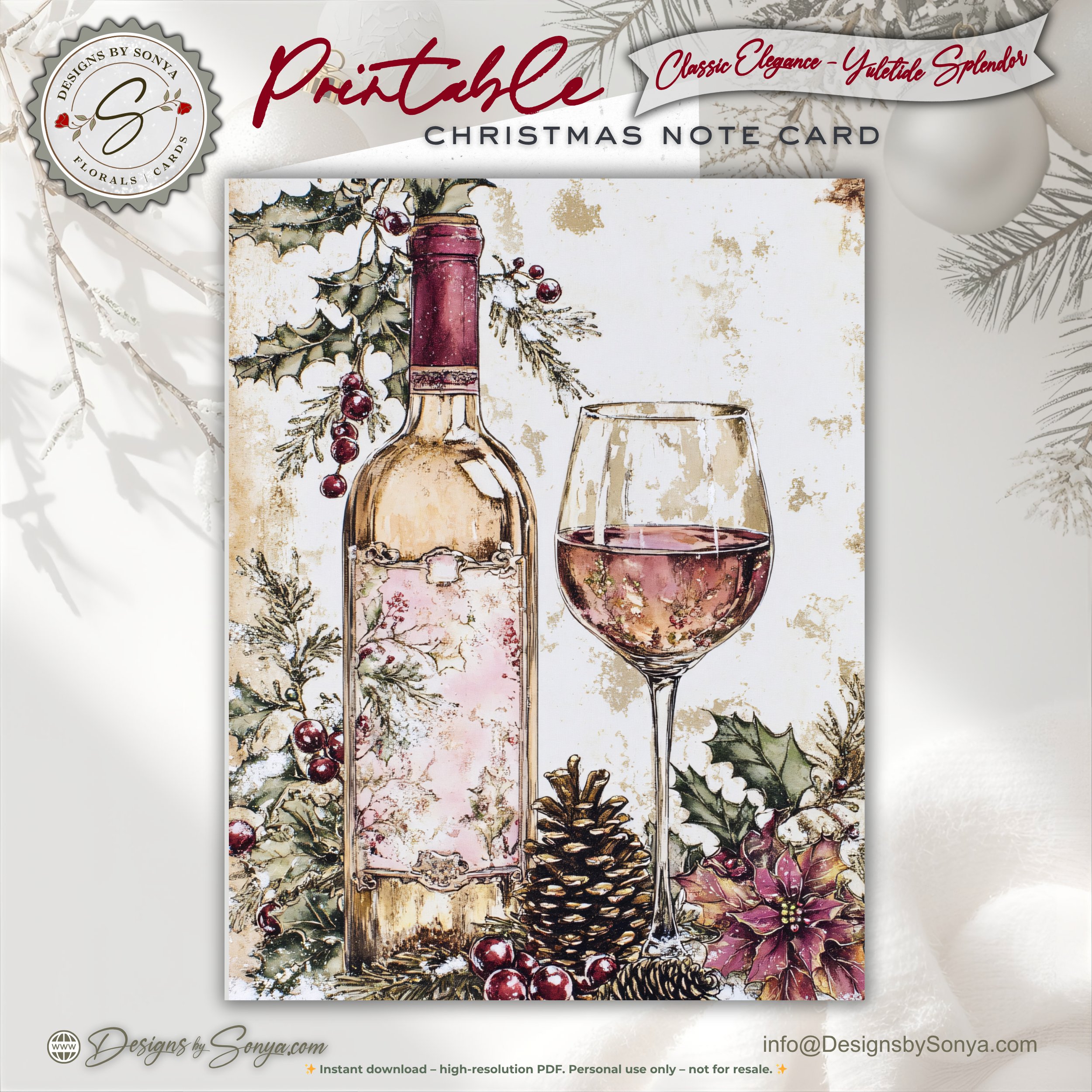 Holiday Toast Christmas Printable Card • A2 (4.25" x 5.5") Folded Holiday Greeting Note Card • Festive Wine Design • Christmas Stationery