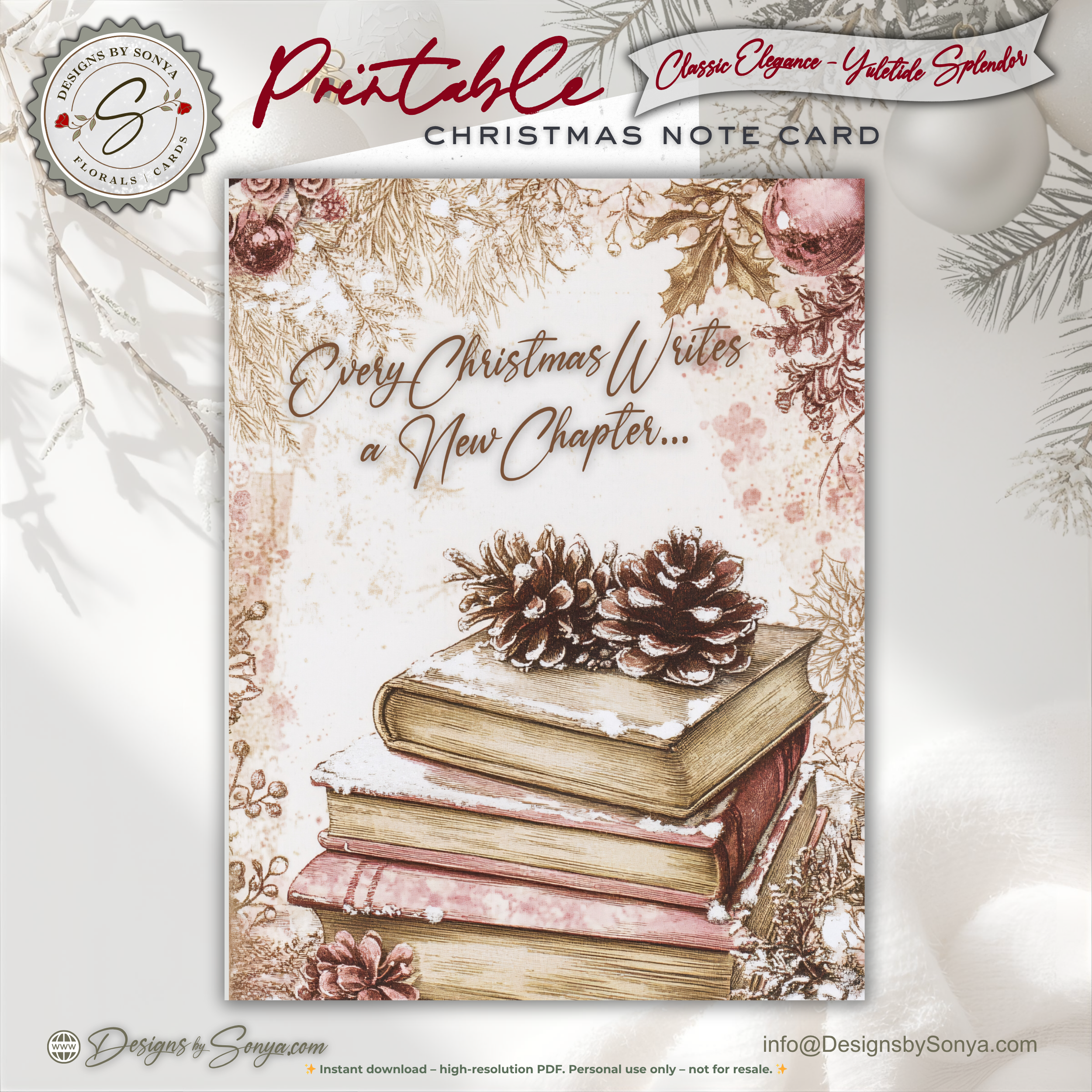 Every Christmas Writes a New Chapter Printable Card • A2 (4.25" x 5.5") Folded Holiday Greeting Note Card • Storybook Design • Christmas Stationery
