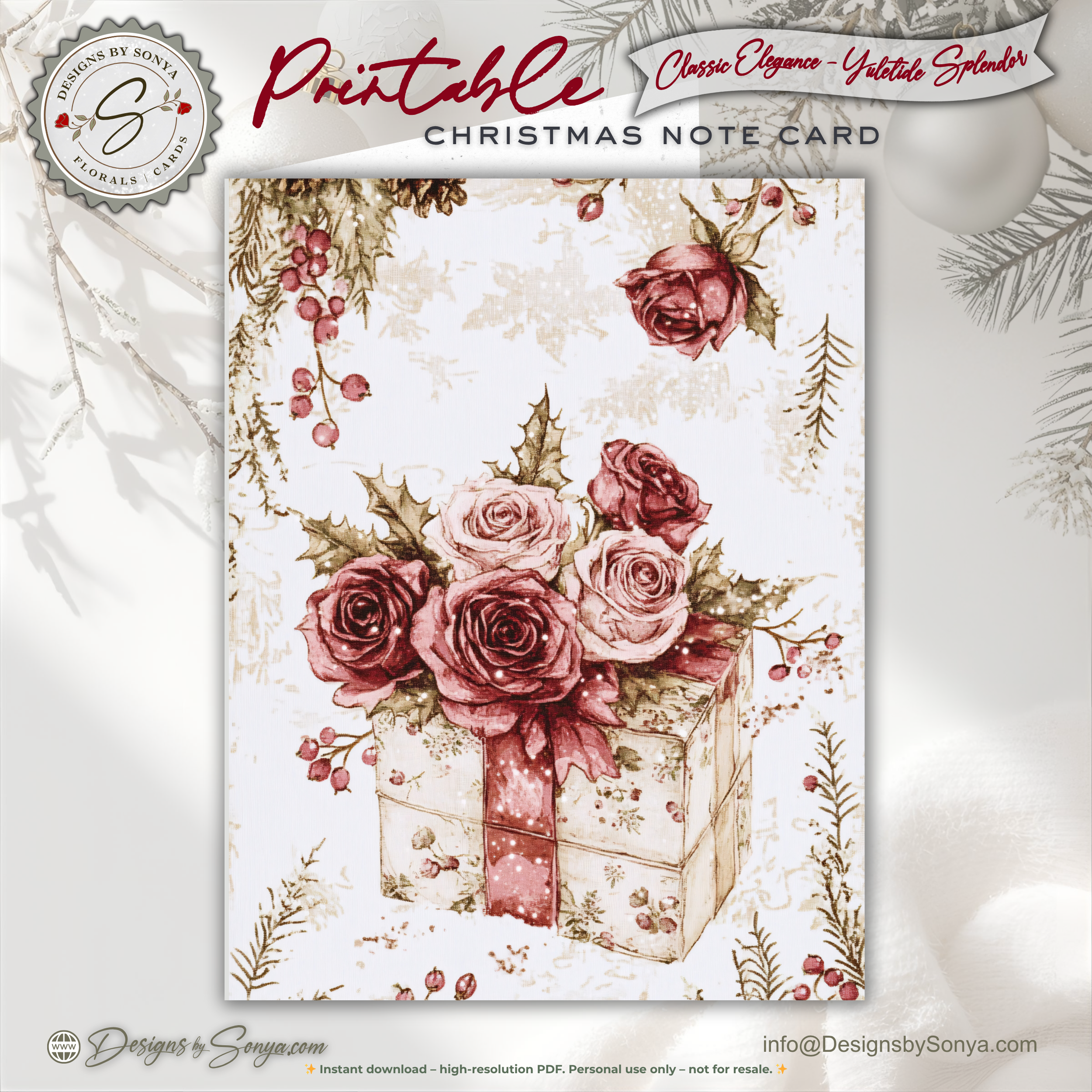 Floral Gift Box Christmas Printable Card • A2 (4.25" x 5.5") Folded Holiday Greeting Note Card • Winter Rose Bouquet Design • Christmas Stationery