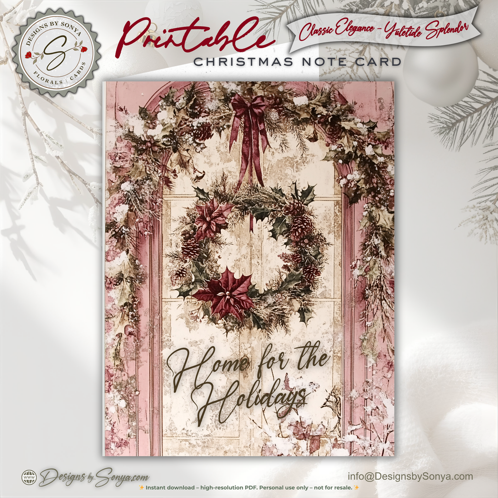 Home for the Holidays Christmas Printable Card • A2 (4.25" x 5.5") Folded Holiday Greeting Note Card • Vintage Design • Christmas Stationery