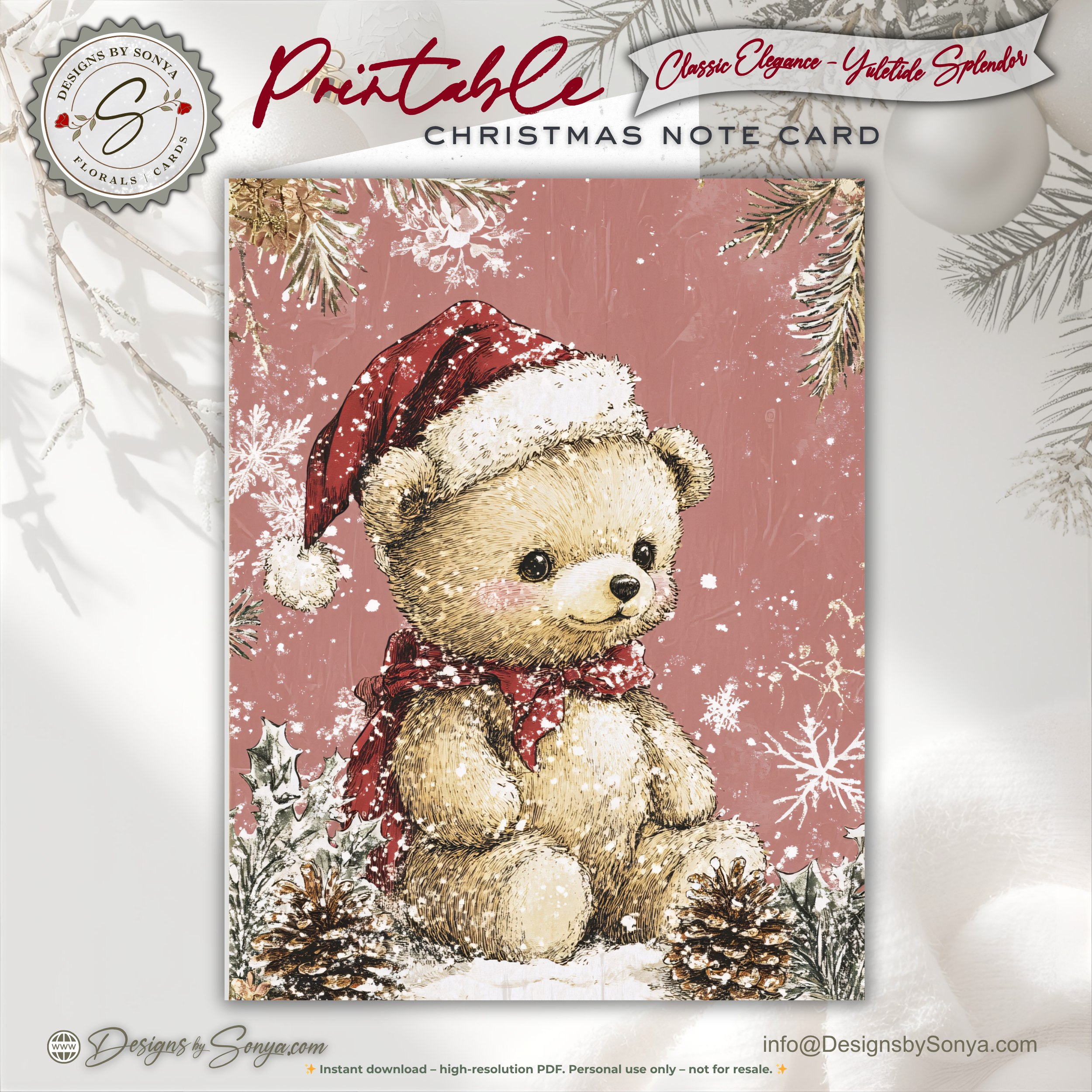 Christmas Teddy Bear Printable Card • A2 (4.25" x 5.5") Folded Holiday Greeting Note Card • Winter Woodland Design • Christmas Stationery