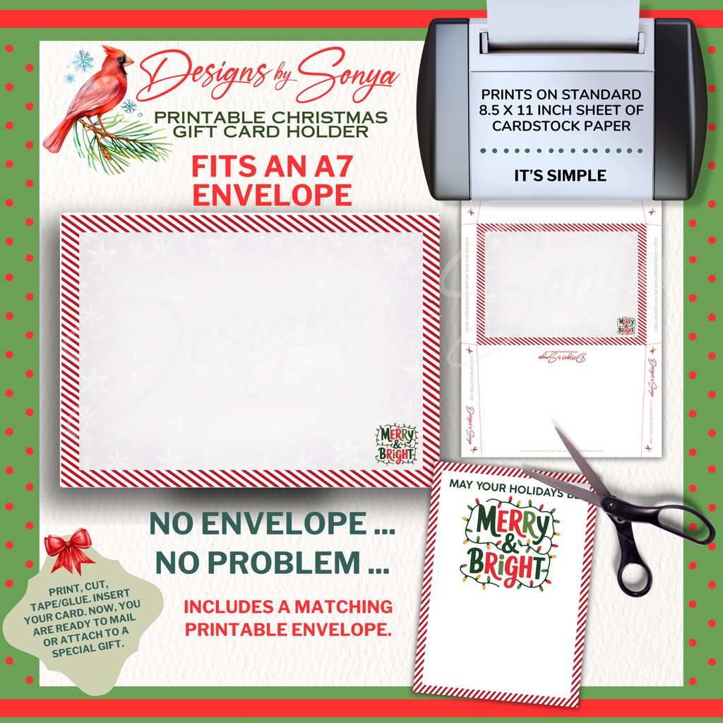 Printable Christmas Gift Card Holder with Envelope
Holiday-themed gift card holder template with matching printable A7 envelope design for a polished, ready-to-mail holiday presentation.