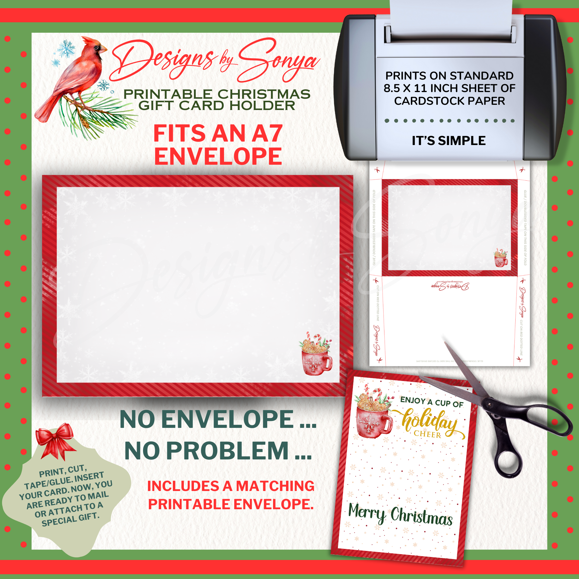 Matching Printable Envelope

Coordinating printable A7 envelope template with red stripe frame and cocoa mug accent. Shows how the gift card holder and envelope create a complete, ready-to-mail Christmas presentation.