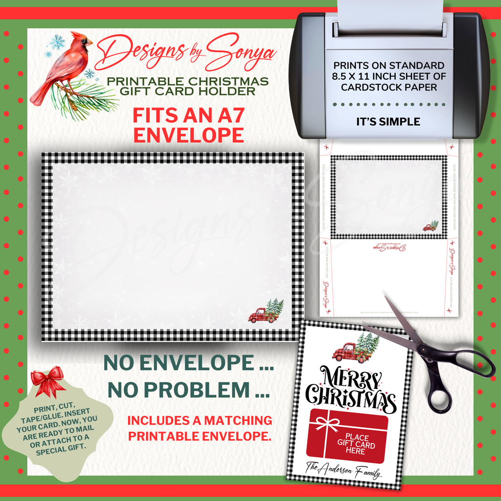 Matching Printable Christmas Envelope
Printable Merry Christmas gift card holder includes matching buffalo plaid envelope with red truck accent. Designed to fit A7 envelopes.