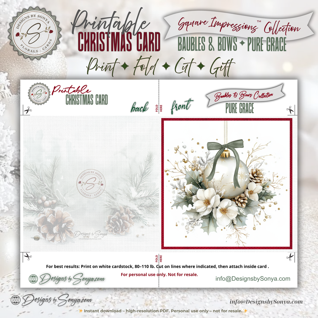 Ivory Ornament with Green Bow Watercolor Printable Christmas Card – Elegant Holiday Greeting Note Card for Family & Friends – 5.5” Square