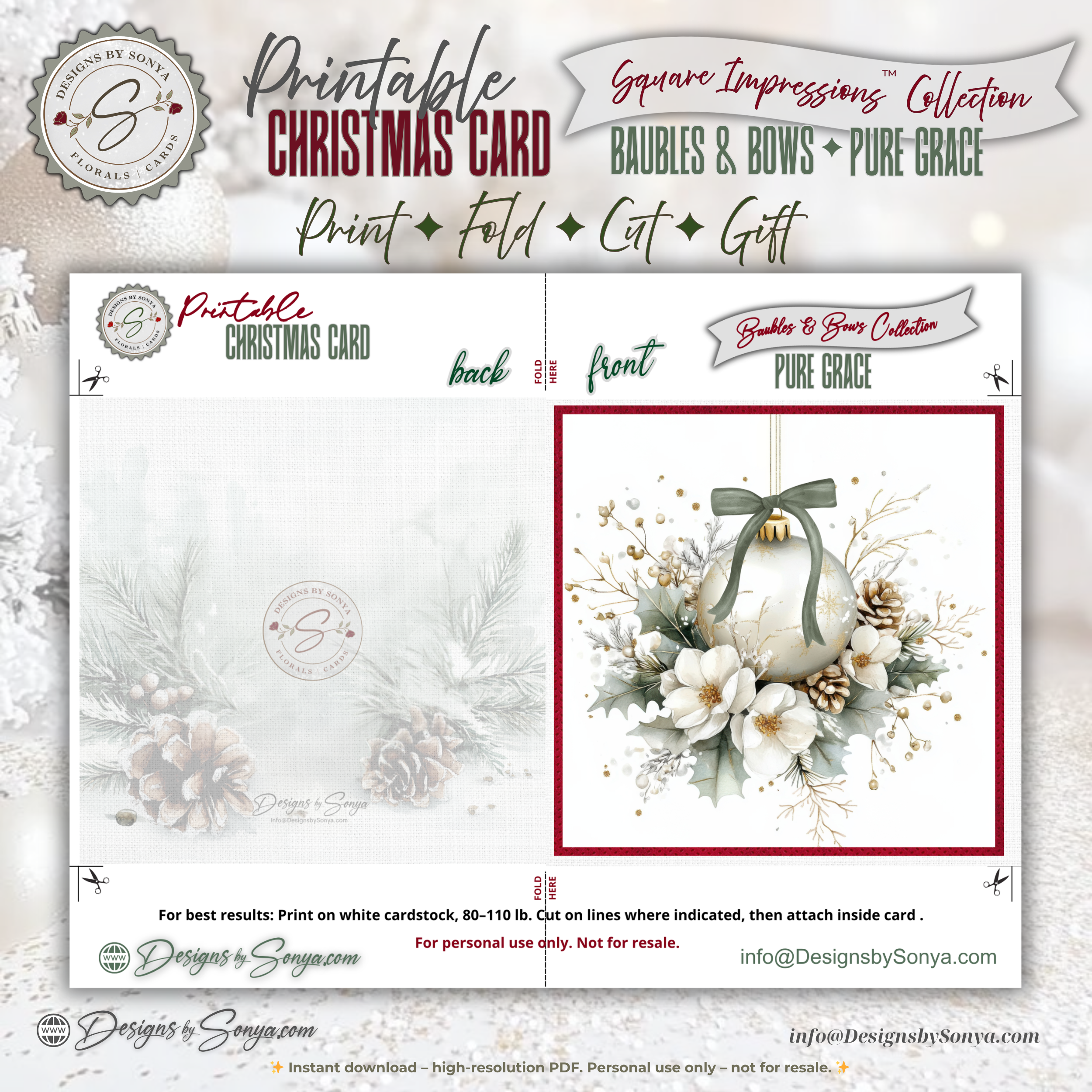 Ivory Ornament with Green Bow Watercolor Printable Christmas Card – Elegant Holiday Greeting Note Card for Family & Friends – 5.5” Square