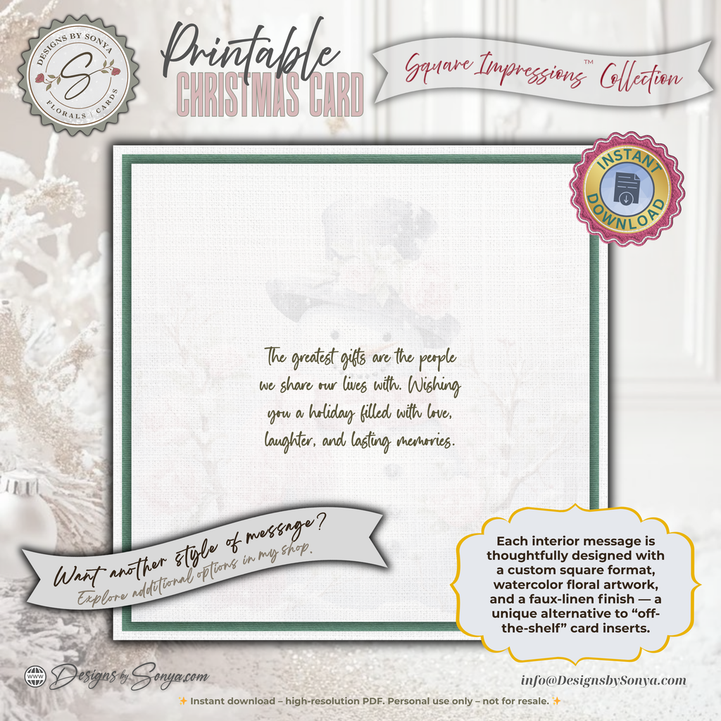 Printable Pink Snowman Christmas Card | Square Floral Holiday Card | 5.5” Square | Envelope Liner | Instant Download | Pastel Winter Note Card